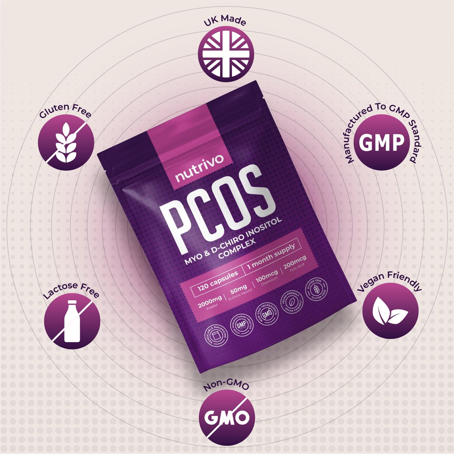 Myo Inositol & D Chiro Inositol - 120 Capsules | PCOS Supplement Supports Fertility, Weight Loss & Hormone Balance | Inositol 2000mg, D- Chiro Inositol, Folic Acid, Chromium | Alternative to Tablets
