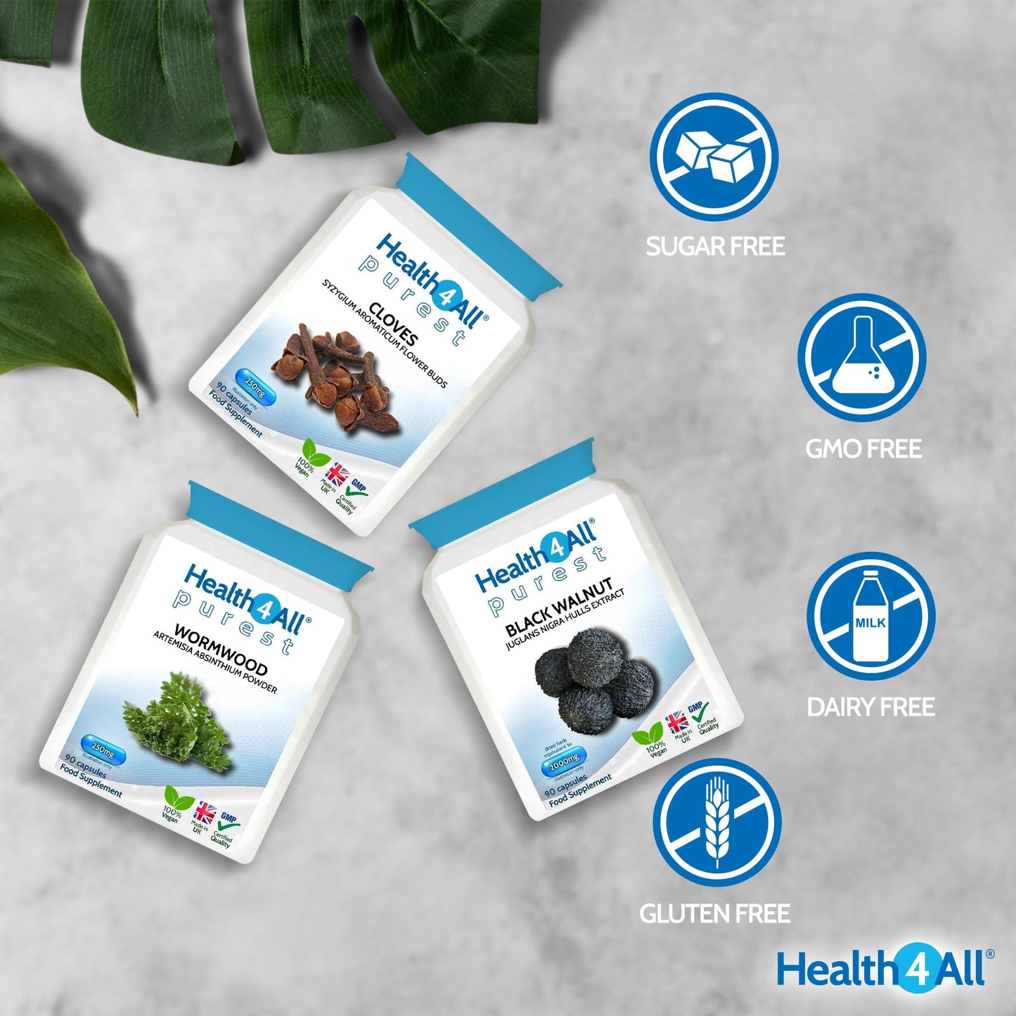 Health4All Wormwood, Black Walnut, Cloves Digestive Dewormer Detox Cleanse for Humans Set 3x90 Capsules. Vegan. Purest - no additives Intestinal Detox Supplement