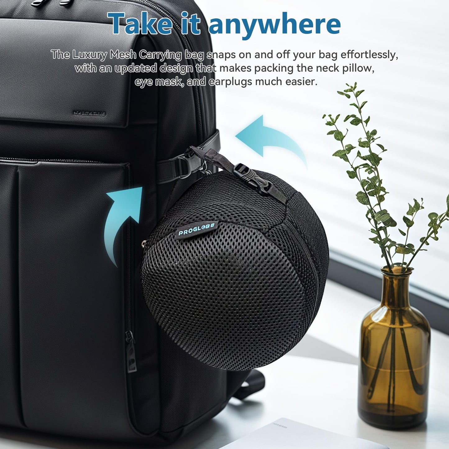 Proglobe Travel Pillow, Memory Foam Neck Pillow Set, Orthopedic Pillow, Travel Essentials for Flying, Kit with 3D Contoured Sleep Mask, Earplugs and Luxury Mesh Bag (Black)