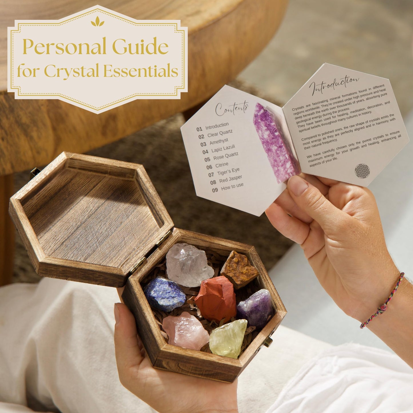 Anima Premium 7 Chakra Crystals Set – Perfect Spiritual Gifts for Women with Large Raw Rose Quartz, Amethyst and Lapis Lazuli Crystals in Wooden Box with Guide Booklet