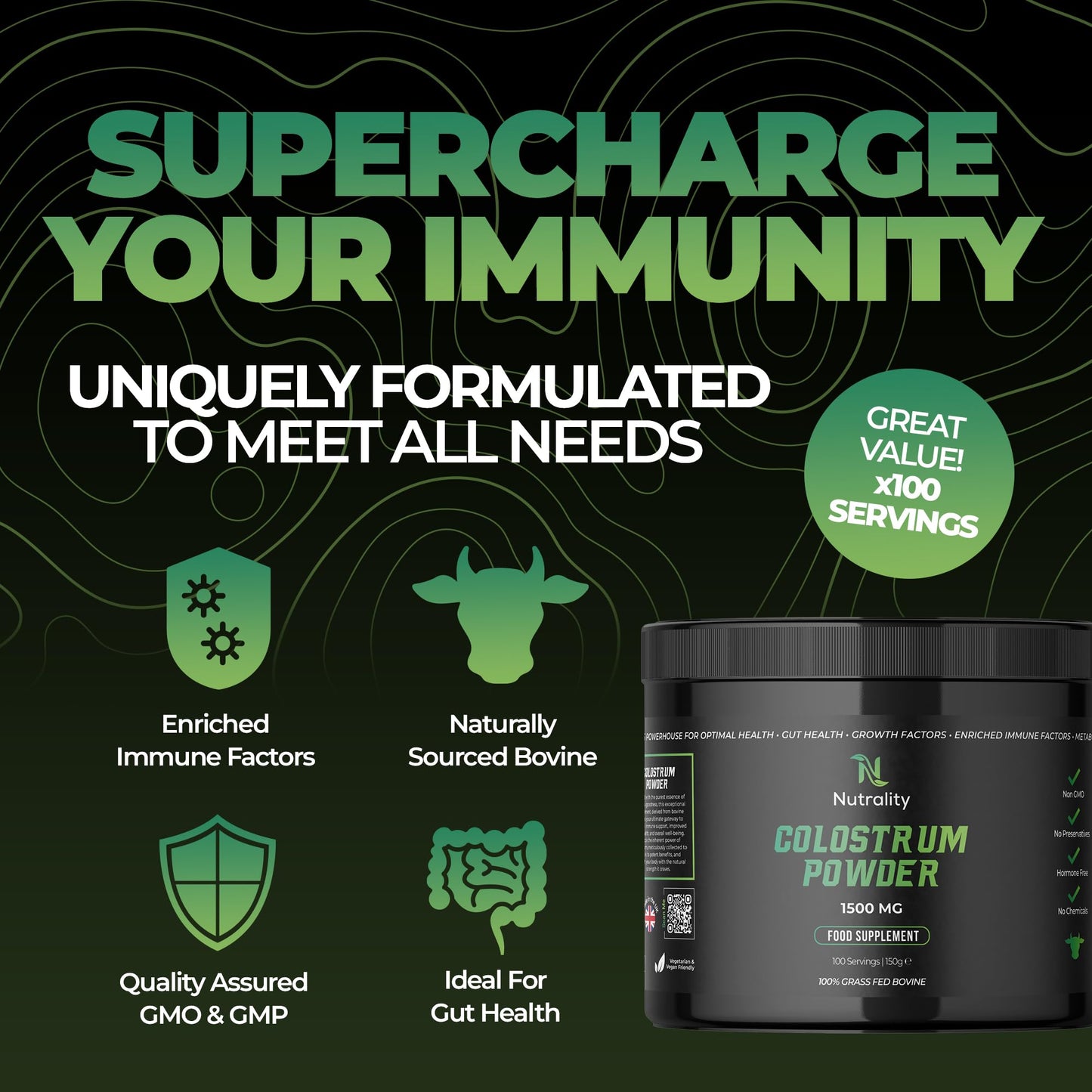 Nutrality 100% Bovine Colostrum Powder 1500mg | for Gut Health & Immune Support | Colostrum Supplement for Men & Women | Gut Health Supplements for Energy, Gut Repair & Human Parasite Detox