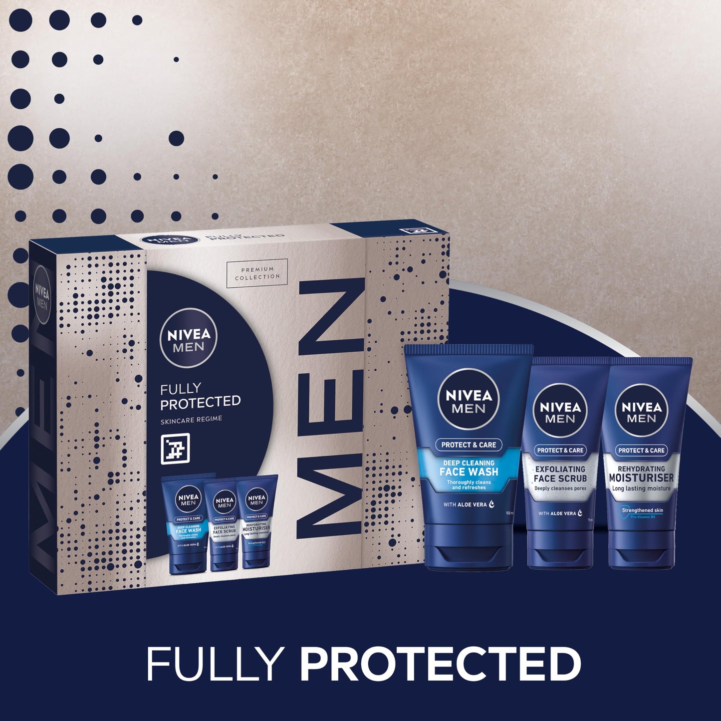 NIVEA MEN Fully Protected Gift Set (3 Products), Men's Skincare Gift Set with Face Wash, Exfoliating Scrub, and Moisturiser, Perfect as Christmas or Birthday Gift for Him