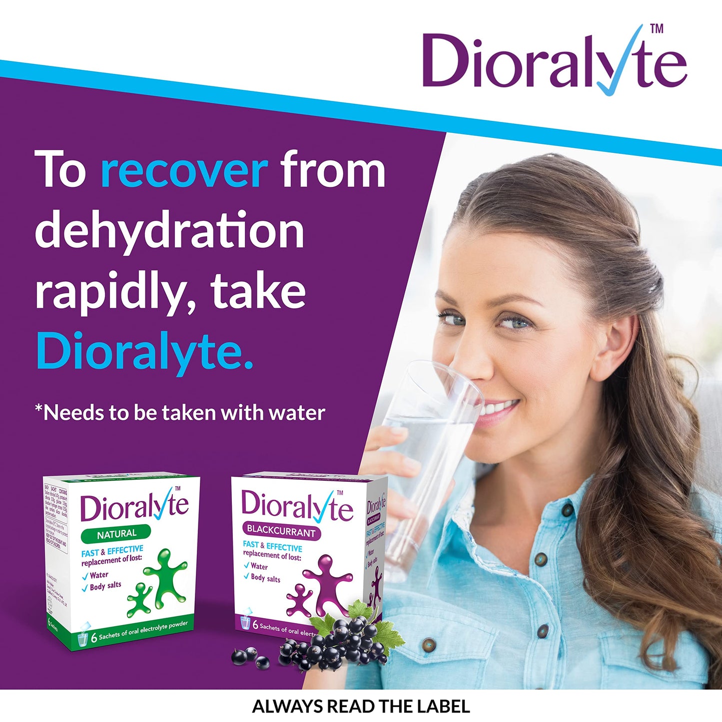 Dioralyte - Fast and Effective Supplement Treatment for Reducing Dehydration and Replacing Electrolytes (mineral salts) of Lost Body Water and Salts- Blackcurrant Flavour - 6 Sachets
