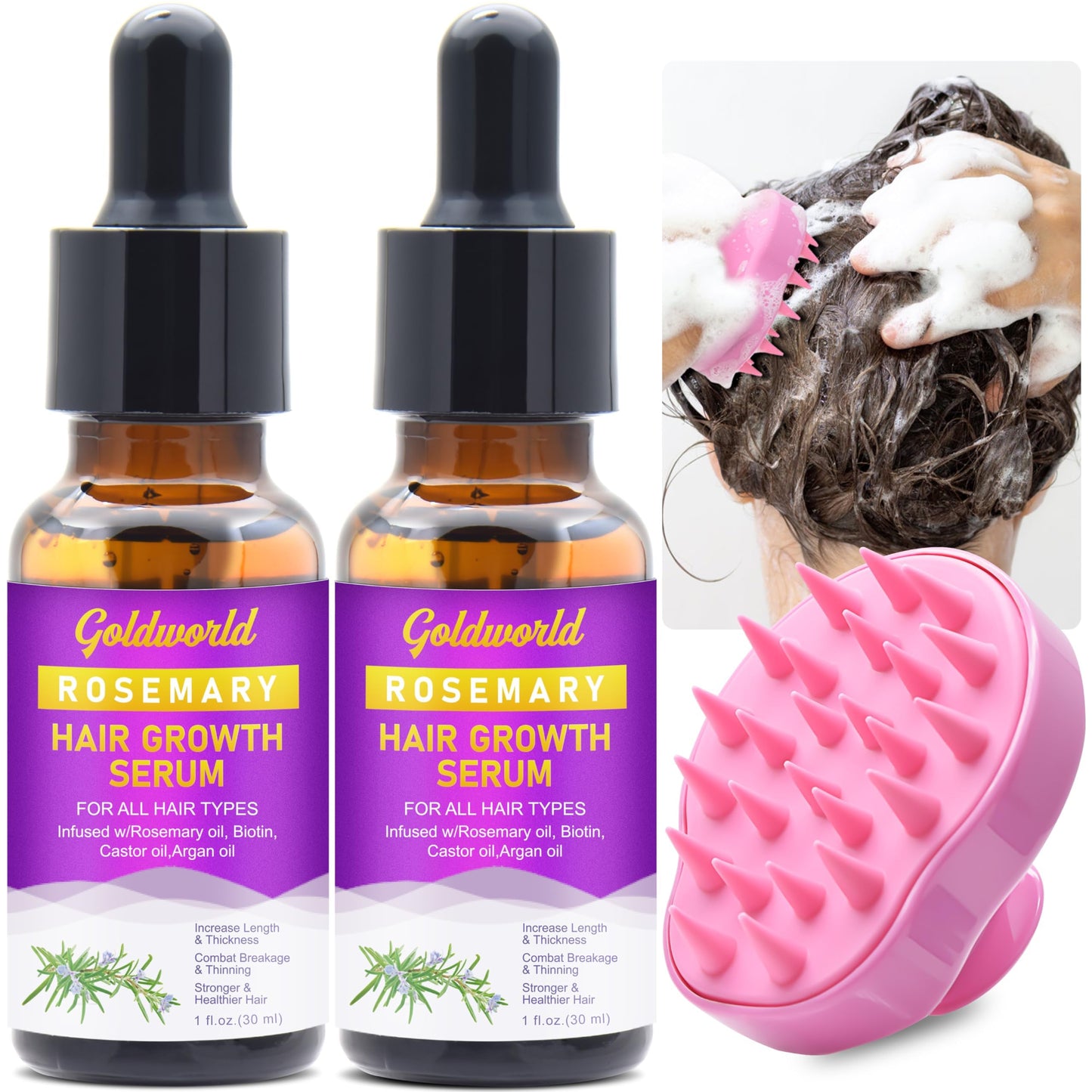 Rosemary Oil for Hair Growth,Hair Growth Serum With Castor Oil Biotin Argan Oil Hot Oil for Dry Damaged Hair,Hair Ingrown Regrowth Loss Treatments for Women Men w/Sclap Massager Ebook