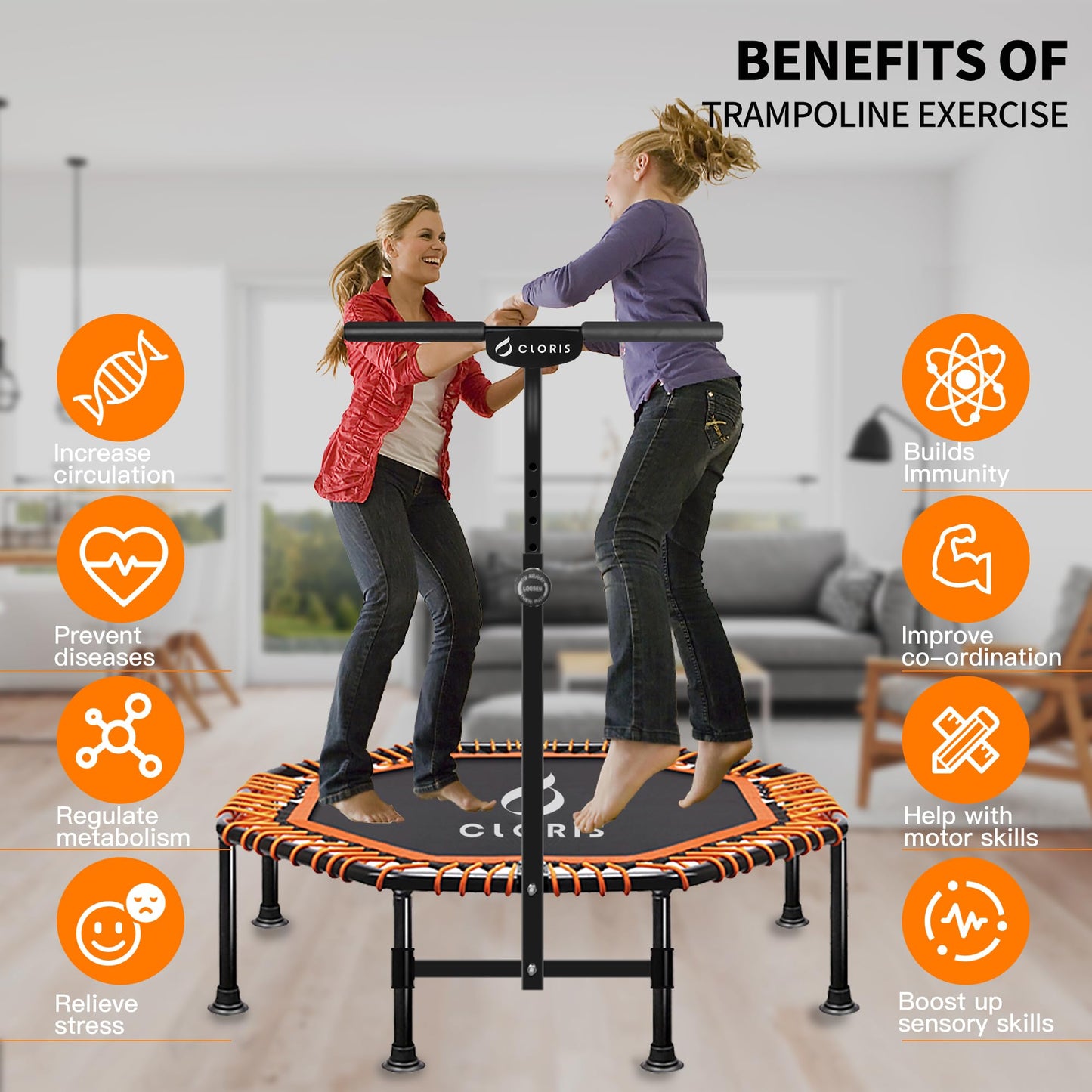 CLORIS 48'' Foldable Fitness Trampoline - Max Load 400lbs / 450lbs, Rebounder with Adjustable Foam Handle Indoor/Outdoor Fitness Body Exercise (48'' Orange)