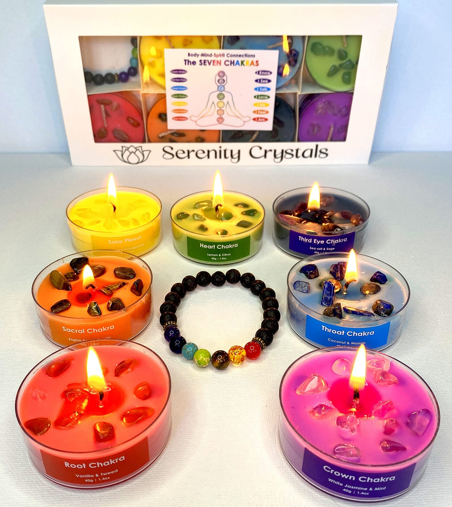 Serenity Crystals Chakra Candle Set - Beautifully Crafted Crystal Infused Candles for Meditation, Healing and Wellness a Suitable Gift for Chakra Spiritual Yoga Meditation, Includes Bracelet