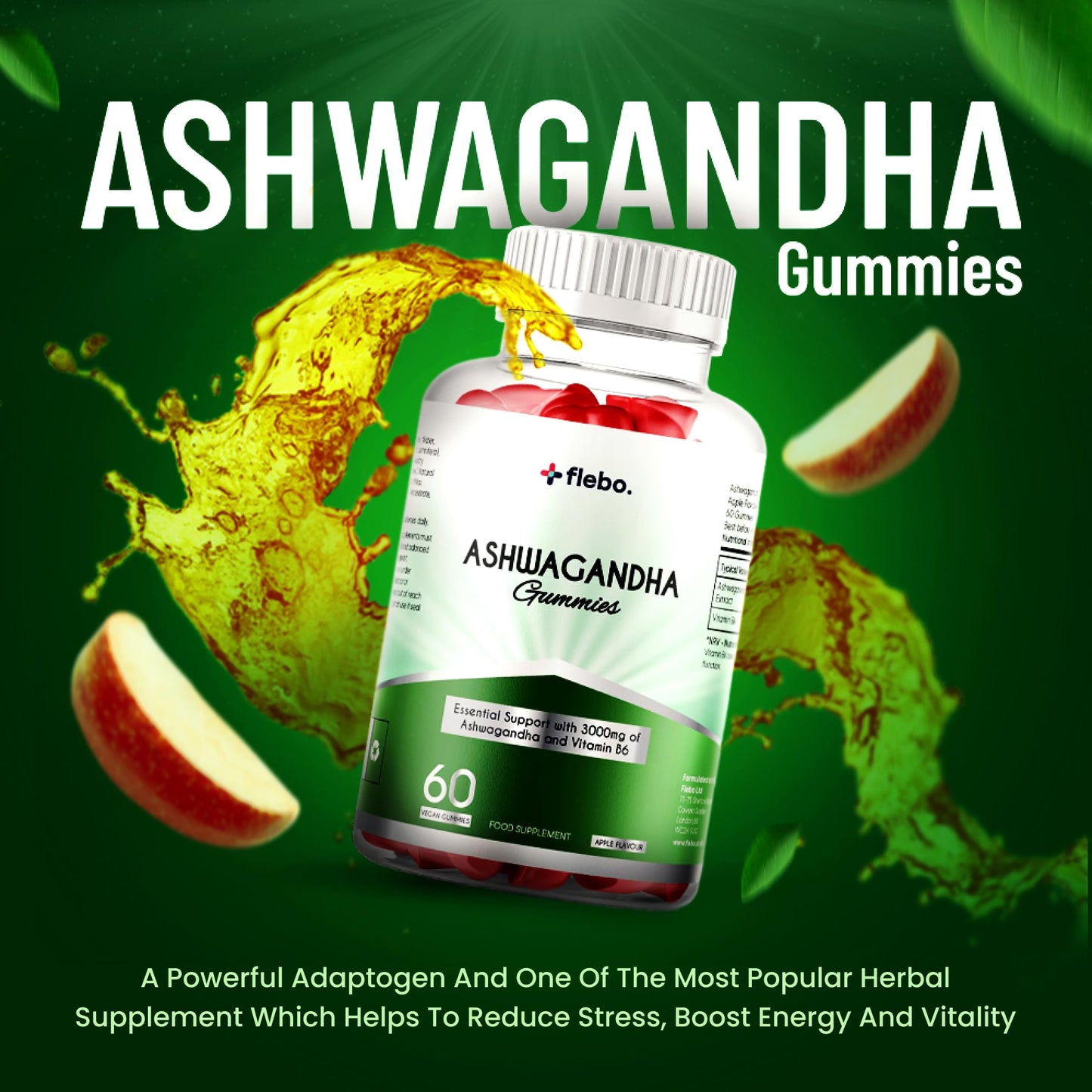 Flebo Ashwagandha High Strength Gummies, Vegan & Gluten-Free I Stress & Anxiety Relief for Adults, Ashwagandha Gummies Supplement for Relaxation and Wellness 60 Two - A - Day I Apple Flavor