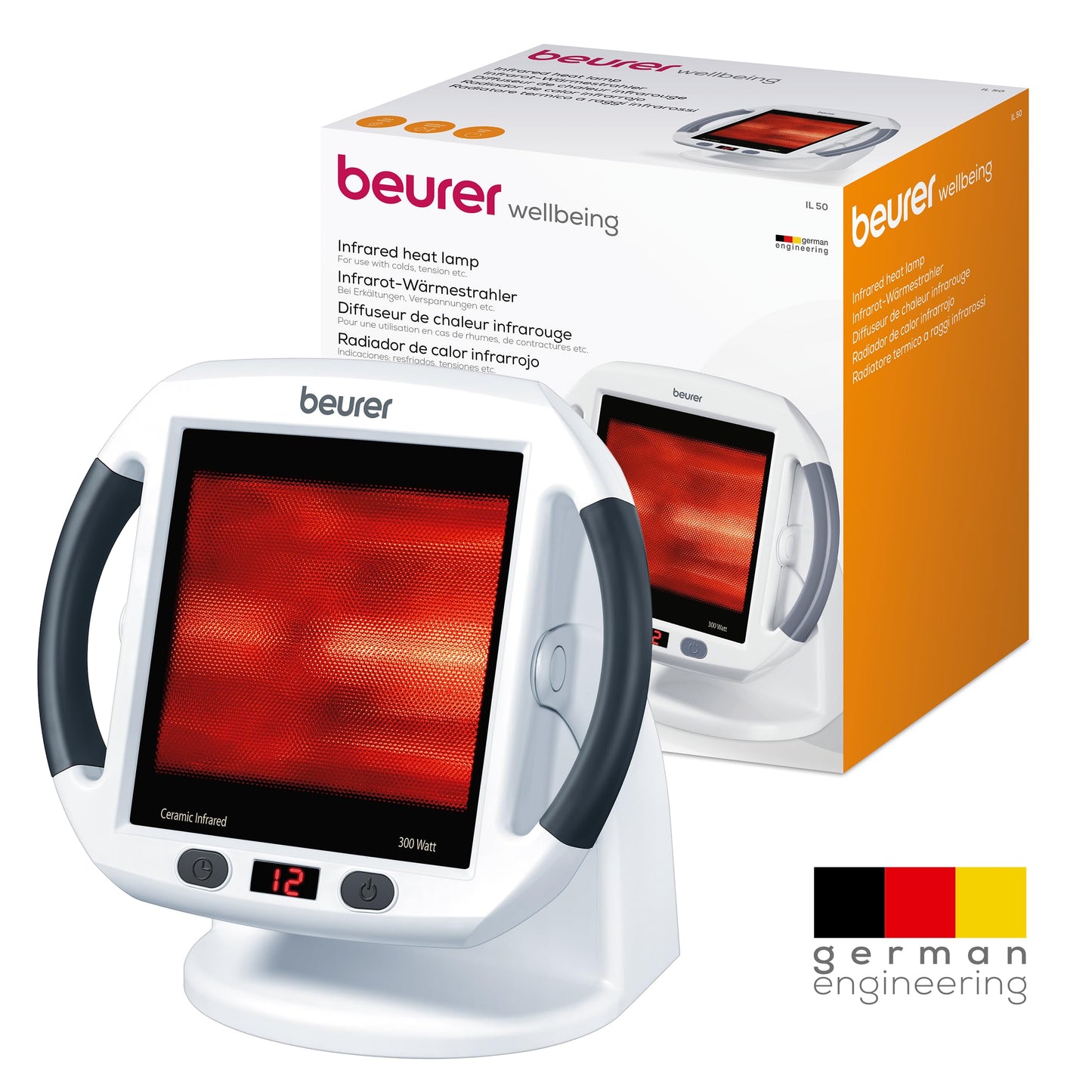 Beurer IL50 Infrared Heat Lamp, Soothing Heat For Colds And Muscle Tension, Infrared Light Therapy with 300 watts, Improves Blood Circulation, 100% UV Blocker, Medical Device