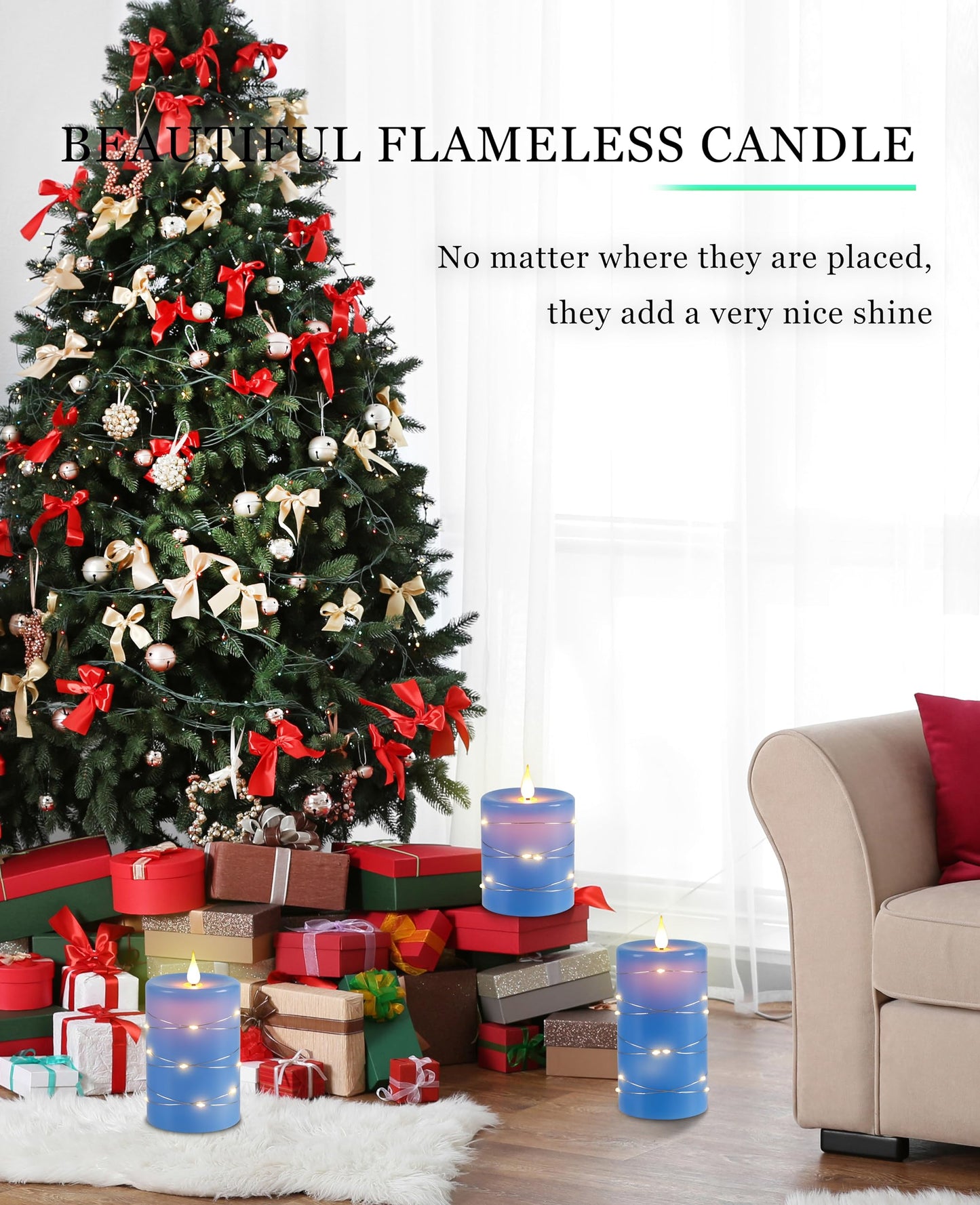 Flameless Candles 360 Degree Viewing Angle, with Starry String Lights, 3-Pack Fairy String Lights LED Candles, with 10-Key Remote Control, 24-Hour Timer Function, Dancing Flame, Real Wax(Blue).