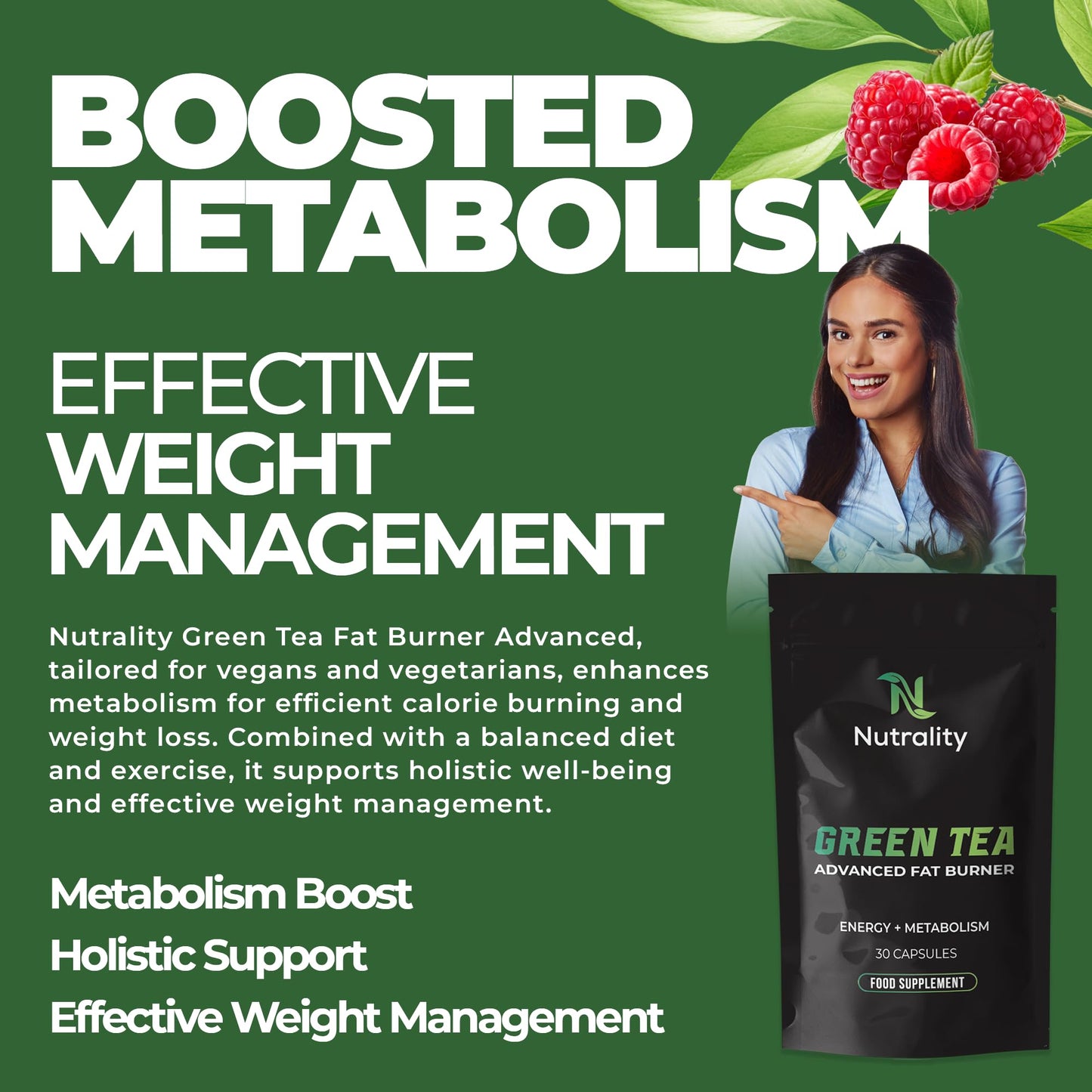 Nutrality Green Tea Advanced Fat Burner Supplement | for Men & Women | Weight Management, Metabolism Boost & Appetite Suppressant | 30 Vegan Capsules