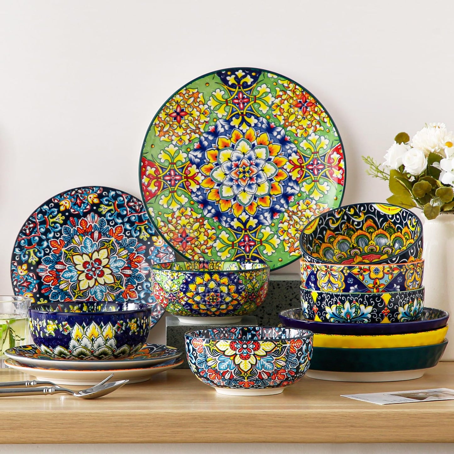 vancasso SIMI 28 oz Cereal Bowls Set of 6, Ceramic Soup Bowls, Dishwasher & Microwave Safe, Serving Bowls with Double-Sided Pattern for Cereal, Soup, Oatmeal, Ice Cream, Salad