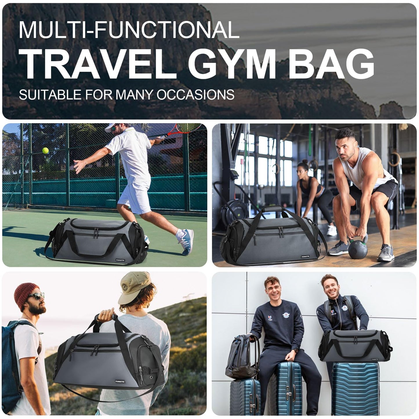 FIORETTO 45L Mens Sports Gym Bag with Wet Pocket & Shoe Compartment, Travel Duffle Bag Overnight Bag with Padded Shoulder Strap, Water-Resistant Holdall for Swimming, Basketball, Football Grey