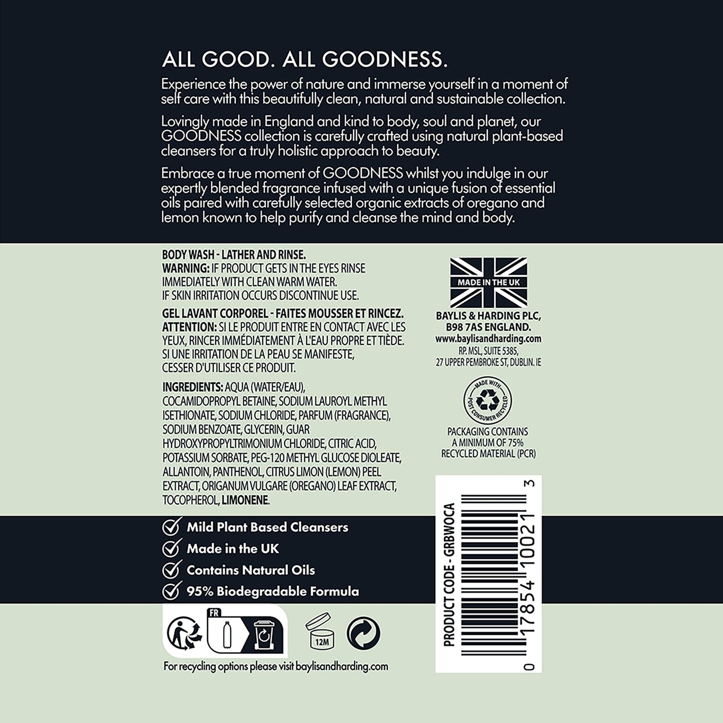Baylis & Harding Goodness Oud, Cedar and Amber Body Wash, 500 ml (Pack of 3) - Vegan Friendly