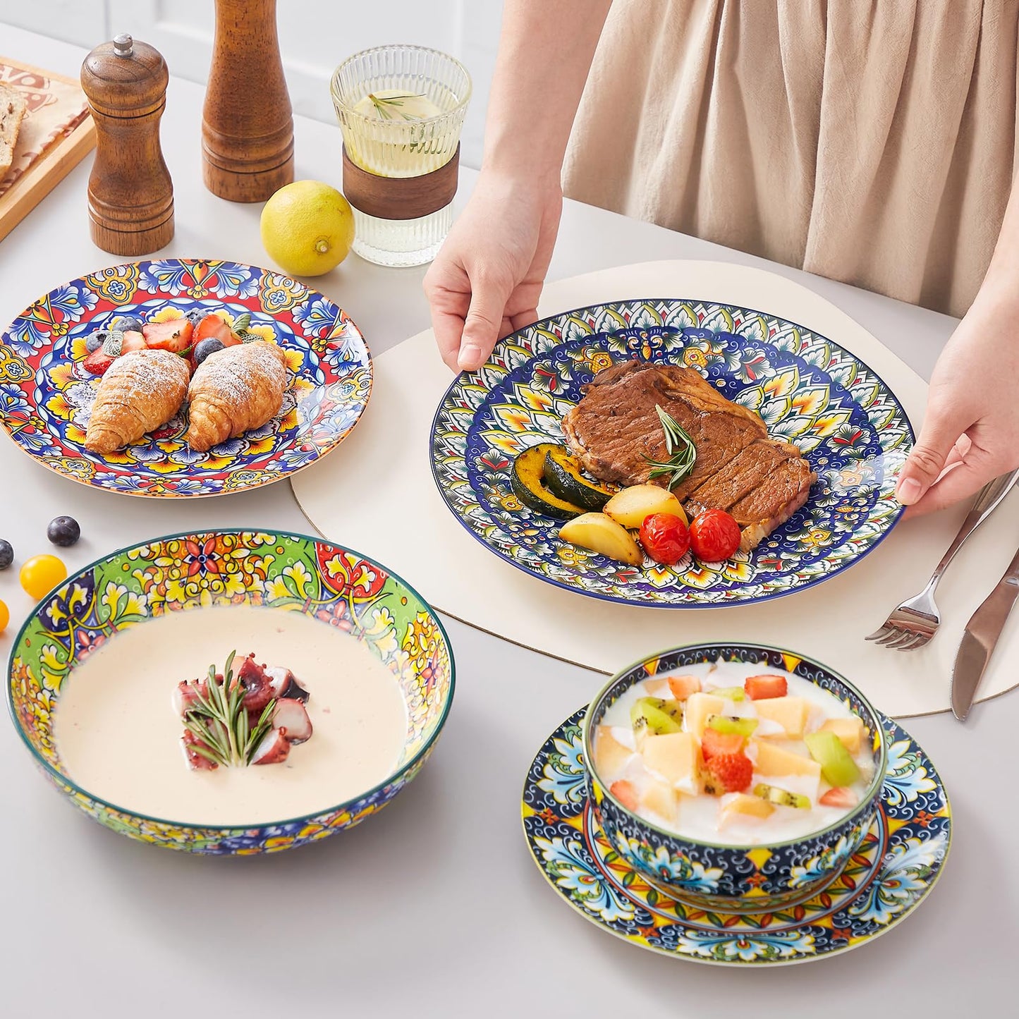 vancasso SIMI Dinner Set- 24 Pieces for 6 People, Porcelain Plates and Bowls Set, Bohemian Style Dinnerware Sets, Scratch Resistant Dinner Service Set, Dishwasher and Microwave Safe