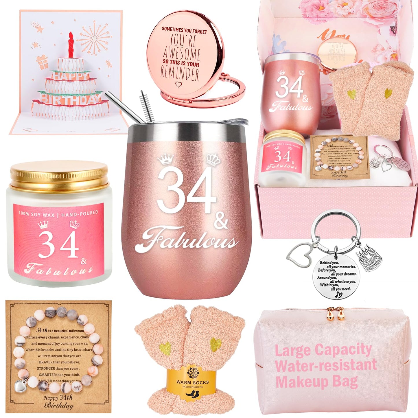34th Birthday Gifts for Women Her, Happy 34 Year Old Birthday Decorations Gifts for Best Friends Wife Aunt Female Daughter Sister Her Coworker Bestie Women Unique