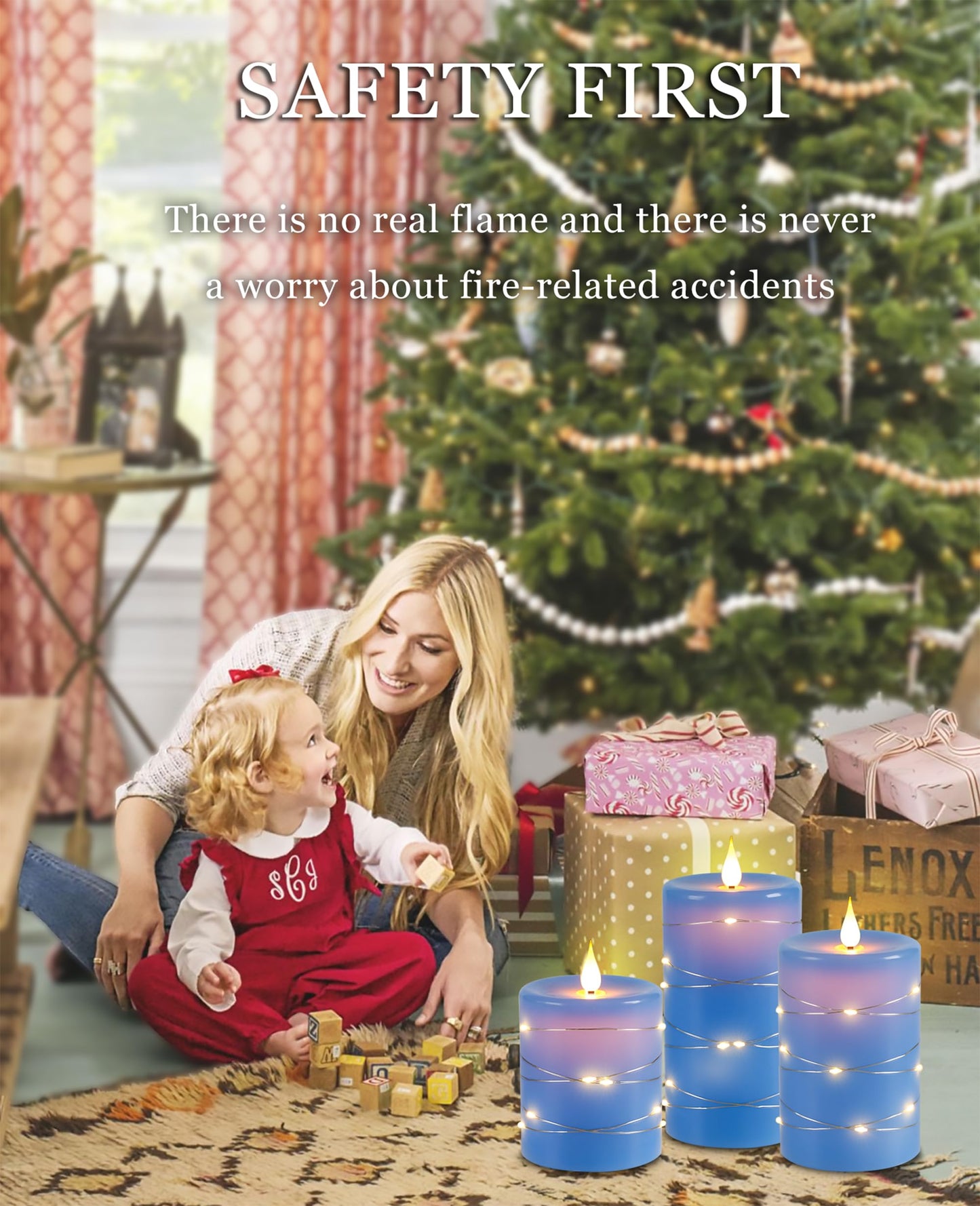 Flameless Candles 360 Degree Viewing Angle, with Starry String Lights, 3-Pack Fairy String Lights LED Candles, with 10-Key Remote Control, 24-Hour Timer Function, Dancing Flame, Real Wax(Blue).