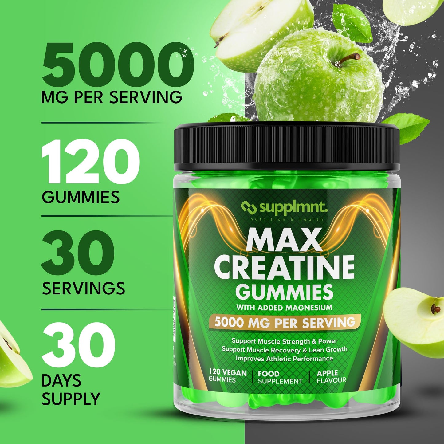 Creatine Gummies 5000mg 120ct Max Strength Muscle Growth Recovery Supplements for Men & Women Creatine Monohydrate with Magnesium Complex Vegan Pre Workout Chewable Gummies, 1 Month Supply (Apple)