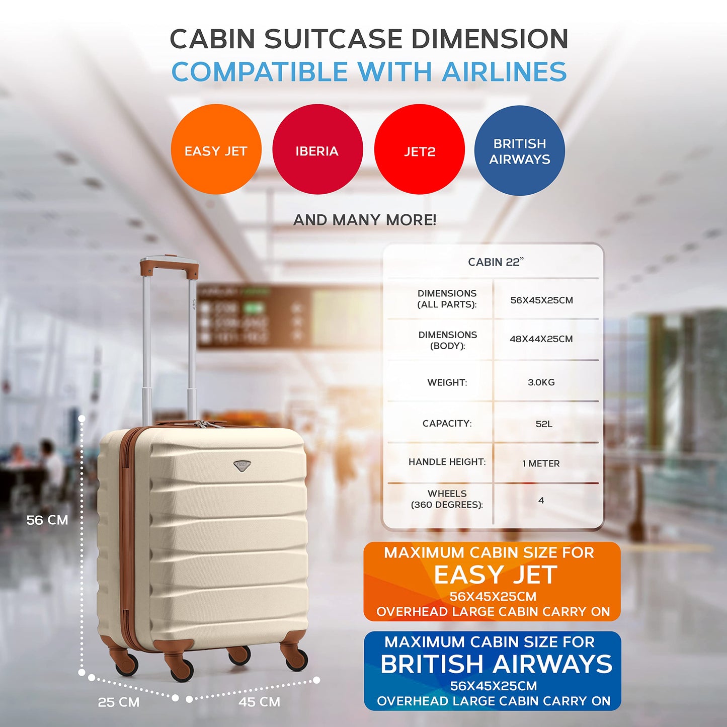 Flight Knight 56x45x25 EasyJet Cabin Bag, Jet2, British Airways Suitcase - Lightweight Small Durable 4-Wheel Cabin Case, Maximum Carry-On Size, ABS Hard Shell, 10kg Hand Luggage Bag- 56 x 45 x 25