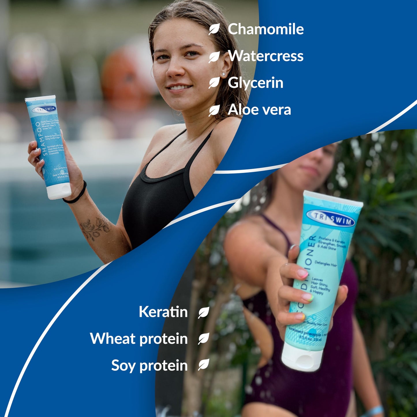 TRISWIM - Chlorine Removal Hair Care Bundle, After Swim Care Shampoo and Moisturizing Conditioner, Anti-Chlorine Hair Protection For Swimmers, Removes Green Tint, Vegan & Cruelty Free (251+251 ml)