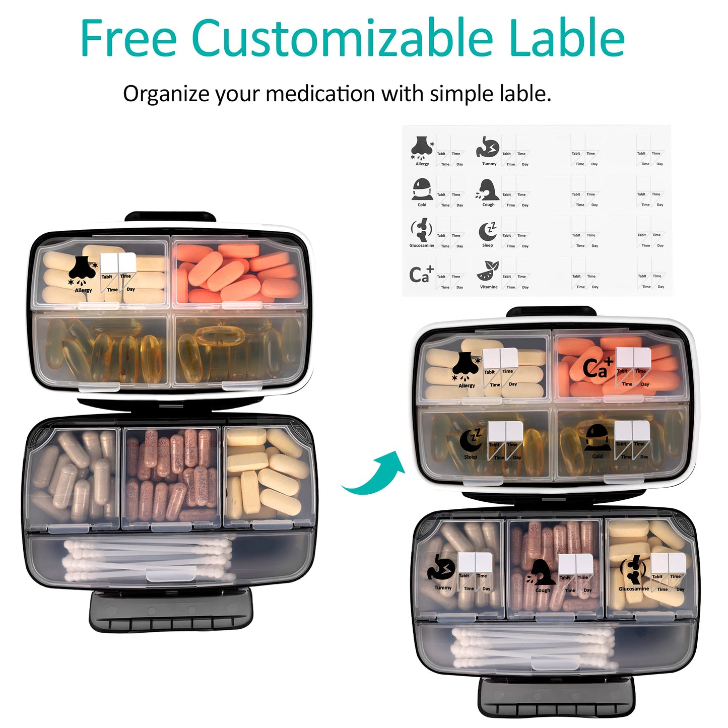 Fullicon Travel Pill Box Organiser Large Portable, Oversize 8 Compartment Pill Boxes/Holder, Vitamin/Medication Case - Airtight & Moistureproof (Black)