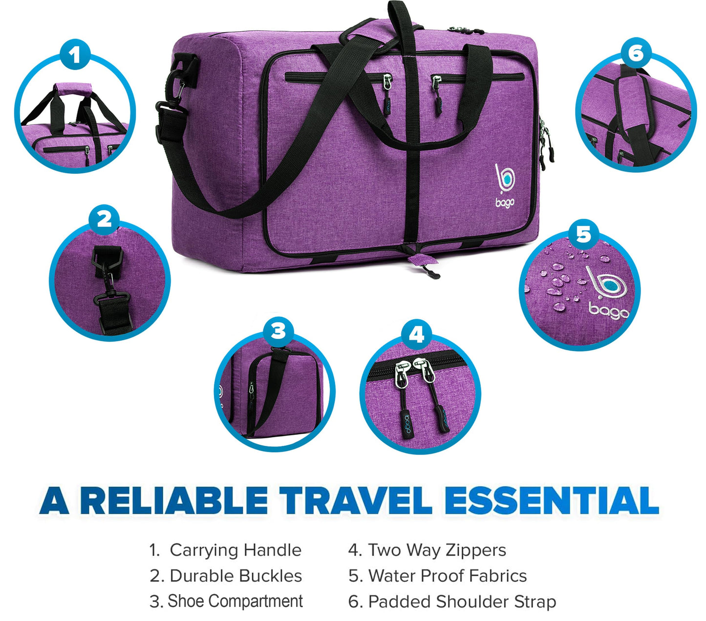 bago Holdall Bags for Men & Women - 40L Spacious Holdall Bag with Shoe Compartment - Save Time & Travel The World in Style & Convenience - Durable, Lightweight & Foldable Duffle Bag (SnowDepPurple)