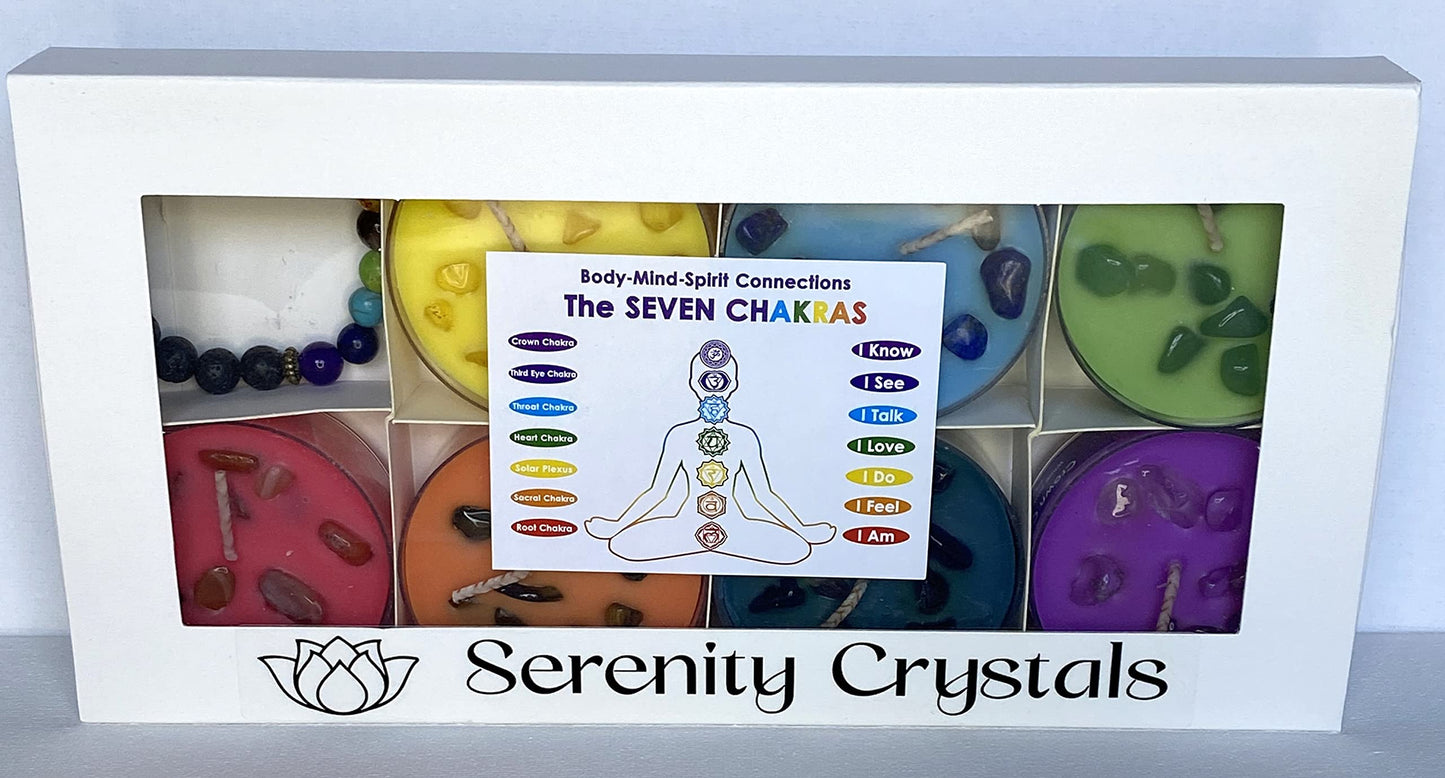 Serenity Crystals Chakra Candle Set - Beautifully Crafted Crystal Infused Candles for Meditation, Healing and Wellness a Suitable Gift for Chakra Spiritual Yoga Meditation, Includes Bracelet
