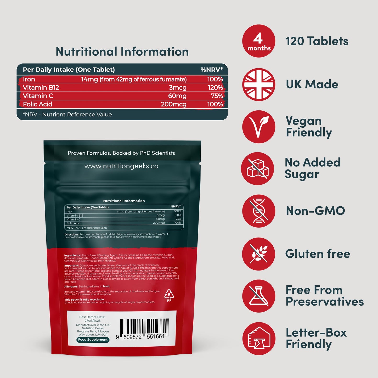 Iron Tablets High Strength - Energy Tablets with Vitamin C, B12 & Folic Acid - 120 Vegan Iron Supplements for Women and Men - 14mg - Enhanced Energy Support & Increased Absorption - UK Made