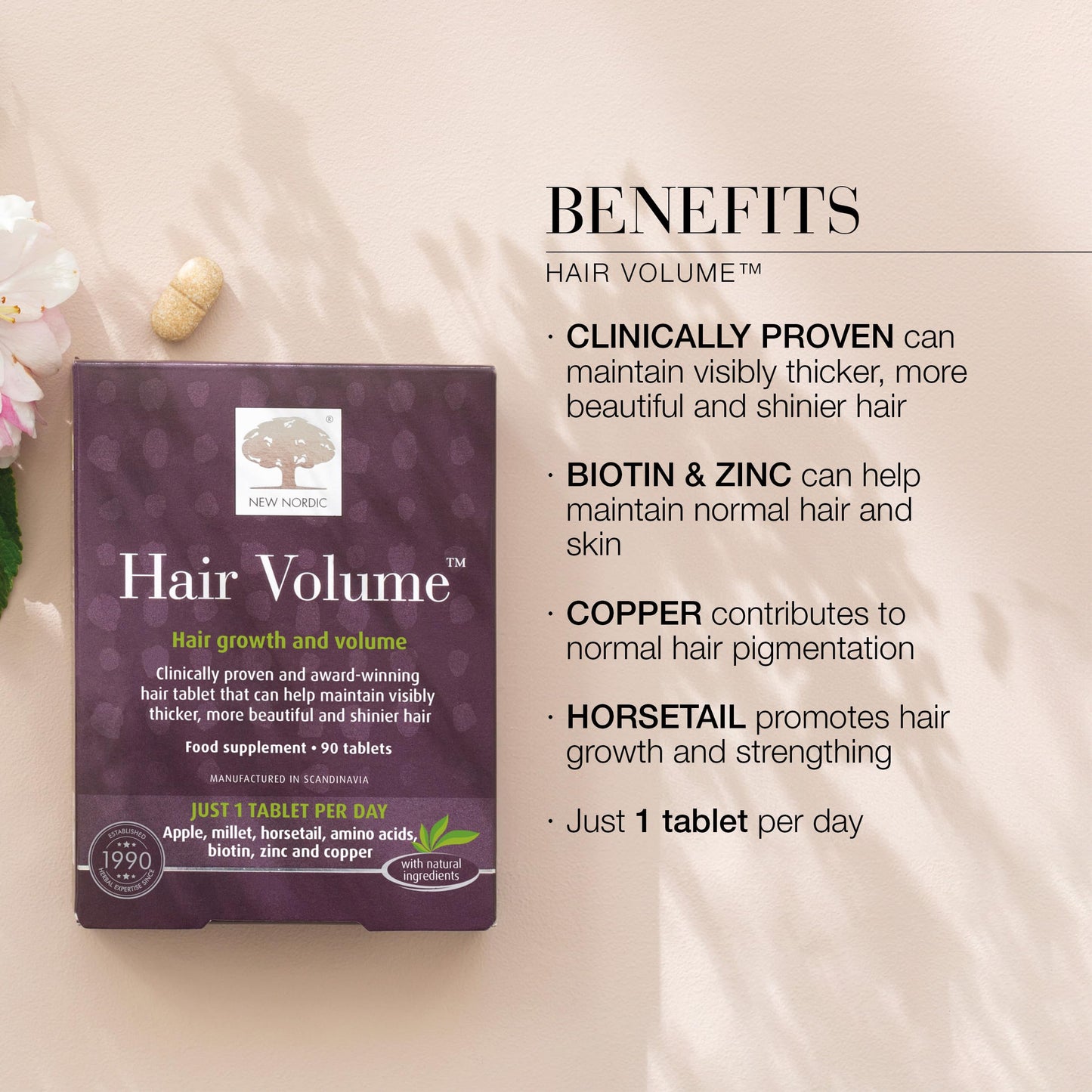 New Nordic Hair Volume 90 Tablets - Clinically Proven Hair Growth Vitamins - Biotin, Zinc & Apple - Visibly Thicker & Shiny Hair - for Women & Men