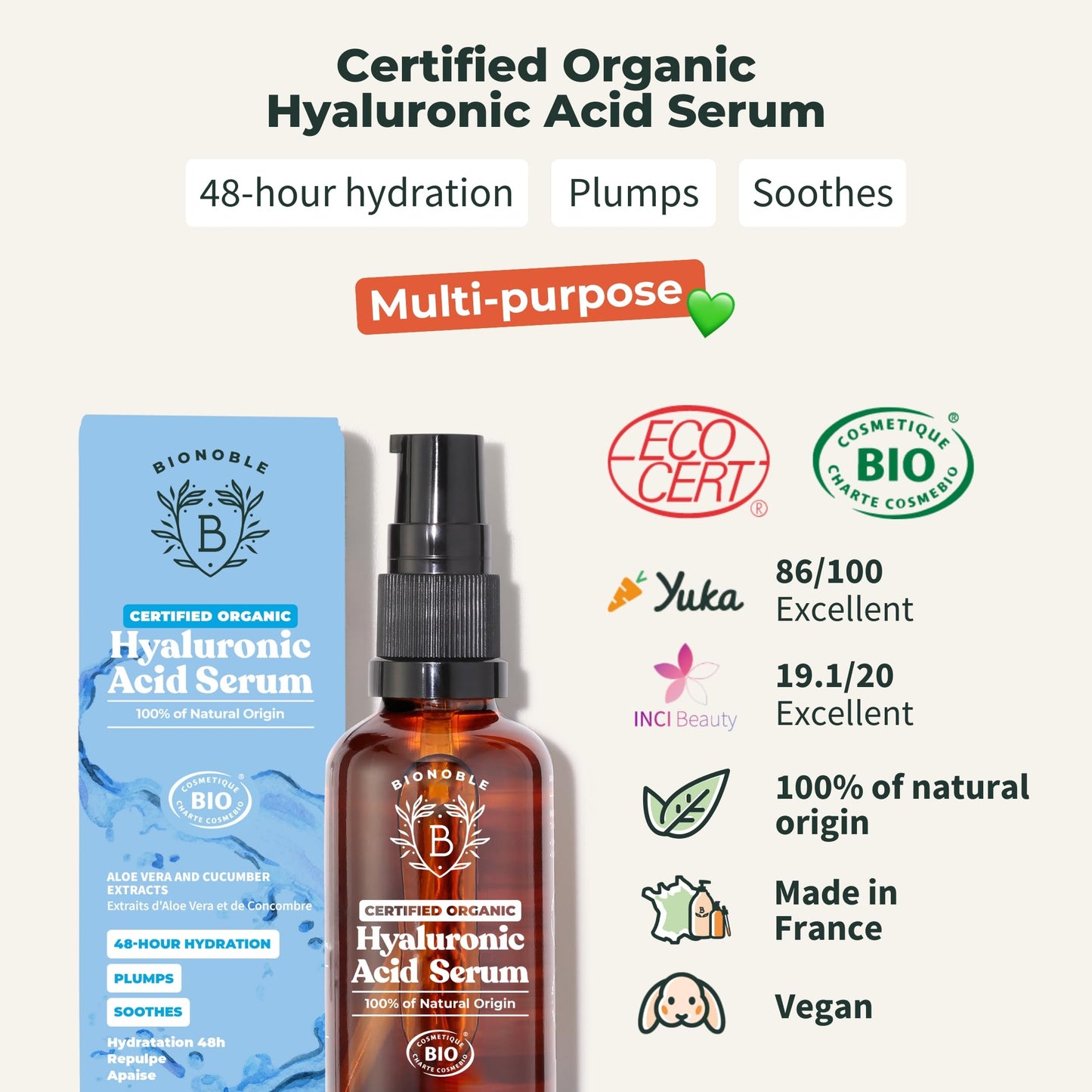 BIONOBLE Hyaluronic Acid Serum Certified Organic - Hydrating, Anti Wrinkle & Anti Aging with Aloe Vera - Vegan Face Serum for Women Mature Skin & All Skin Types - Glass Bottle + Pump - 30ml