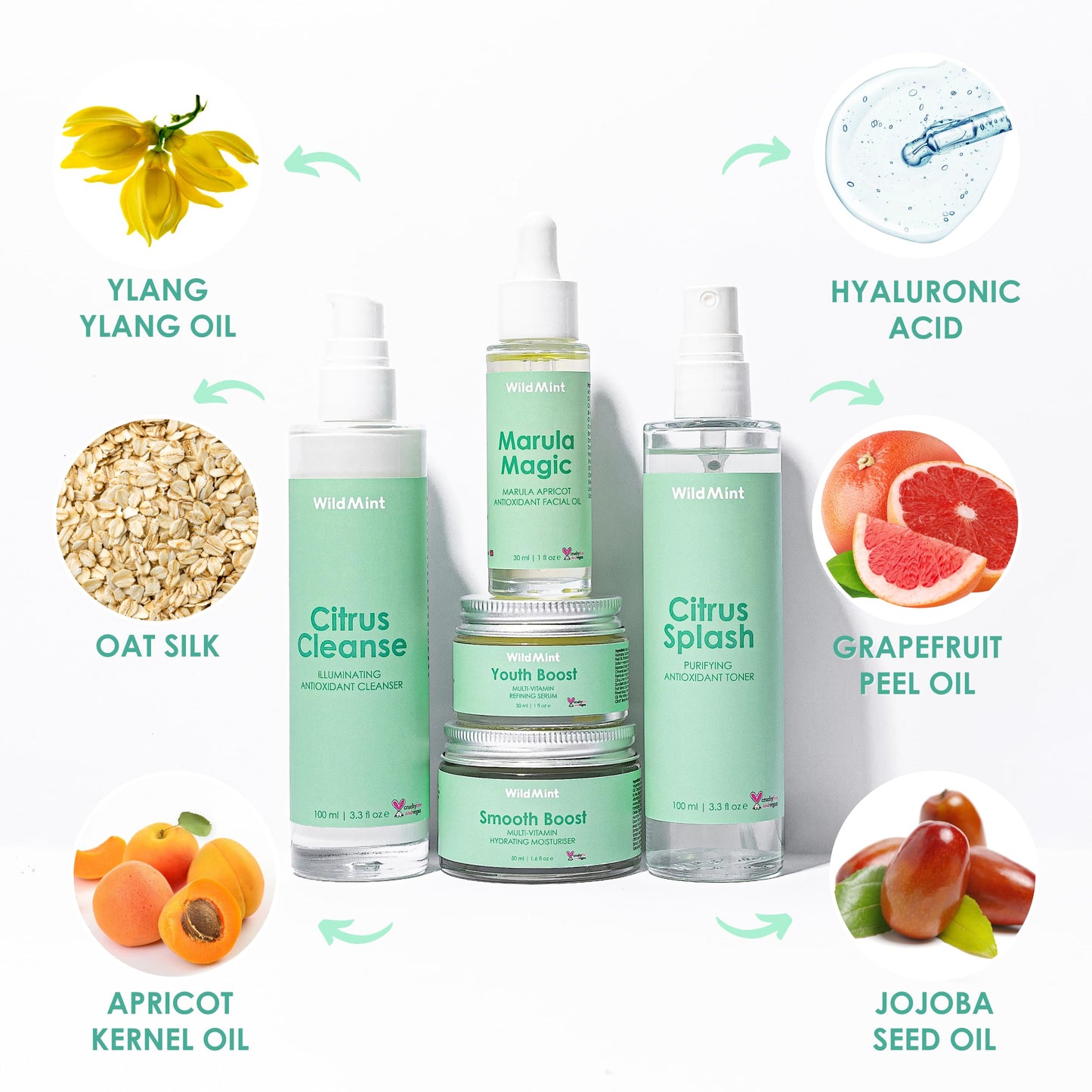 WildMint 5-Step Superfood Clear Skin Kit | Natural Cleanser, Toner, Serum, Face Oil & Moisturiser | Skincare for Acne, Sensitive, Dark Spots, Dry & Mature Skin | UK Made Vegan & Cruelty-Free Skincare