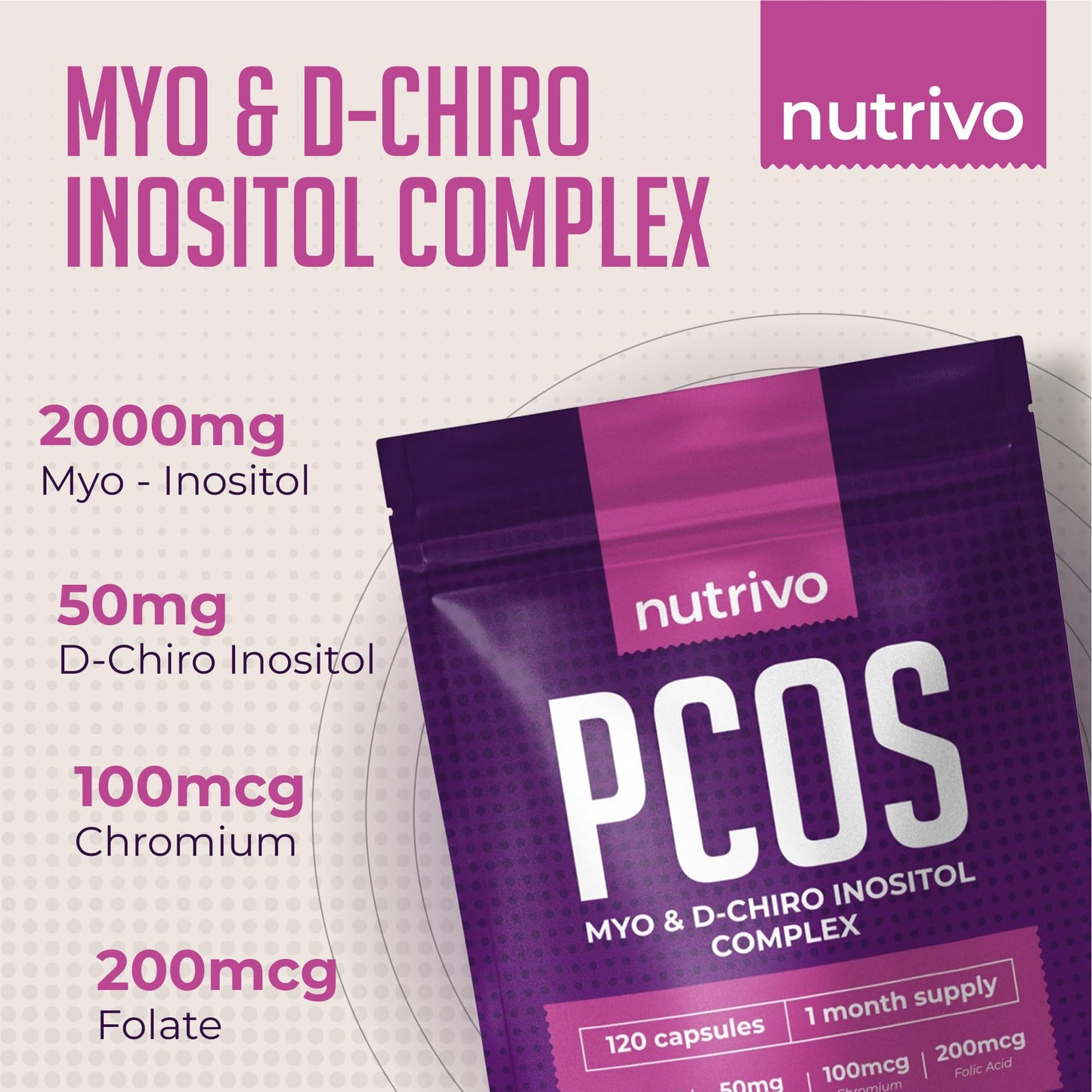 Myo Inositol & D Chiro Inositol - 120 Capsules | PCOS Supplement Supports Fertility, Weight Loss & Hormone Balance | Inositol 2000mg, D- Chiro Inositol, Folic Acid, Chromium | Alternative to Tablets
