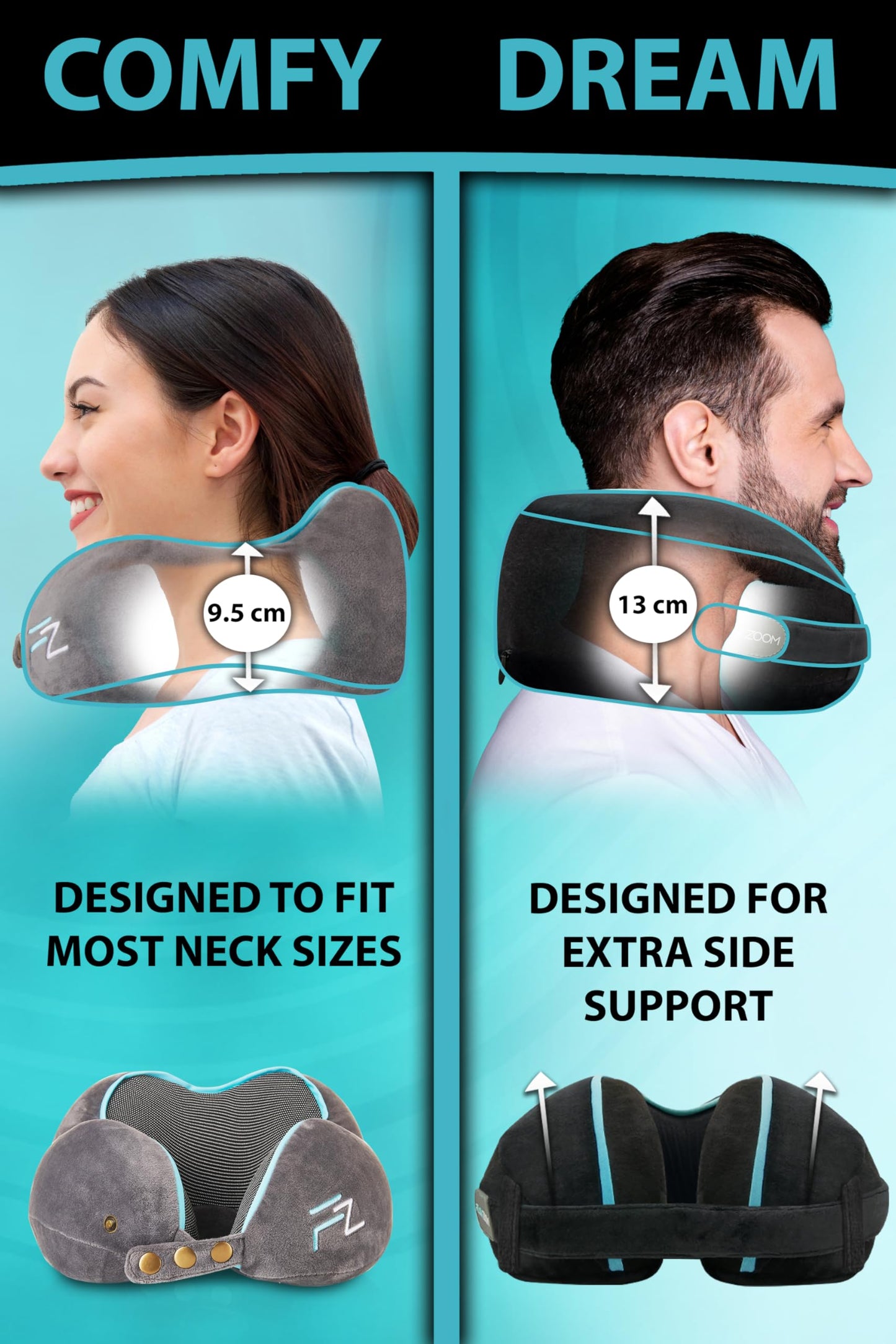 FLOWZOOM Dream Travel Neck Pillow for Airplane & Car – Adjustable Memory Foam Travel Cushion with Higher Sides for Extra Support, Soft, Washable Plush Cover and Compact Mash Bag - Black