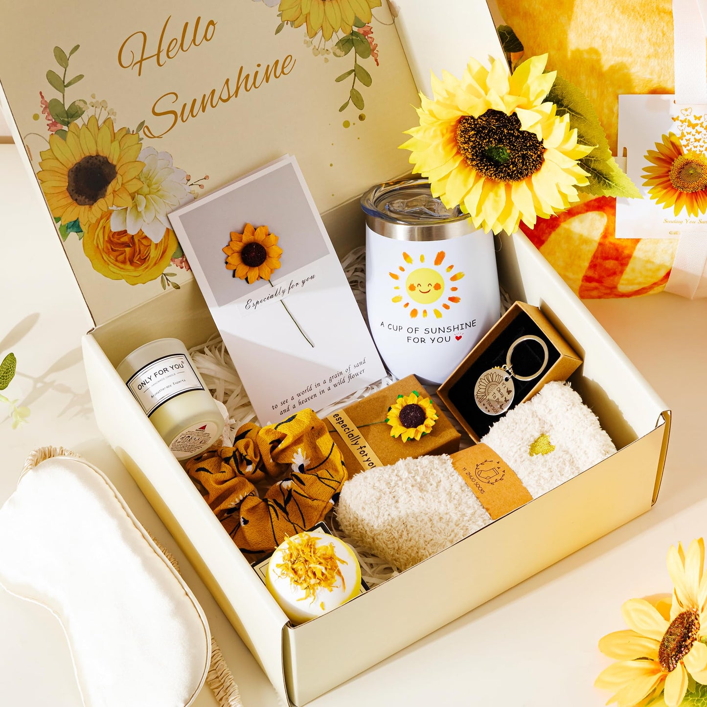 Sunflower Pamper Gifts for Women,Birthday Gift Set Self Care Package Relaxation Spa Bath Box for Mother, Get Well Soon Gift Baskets for Her, Hamper Gift for Women, Friend, Sister, Mom with Blanket