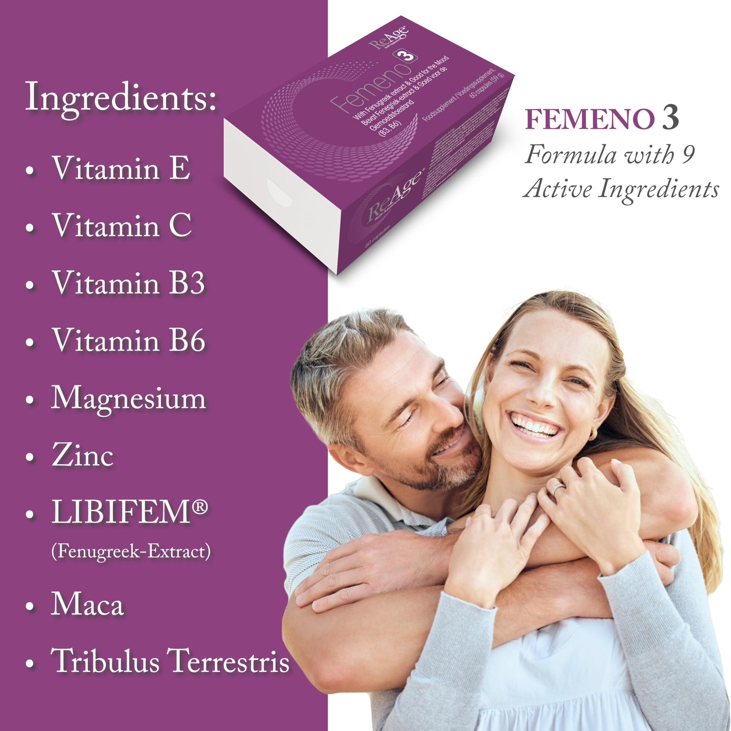 FEMENO 3 Women Supplement | Herbal Supplement with Maca Root, Fenugreek Extract and Tribulus Terrestris | 60 Capsules | by ReAge®