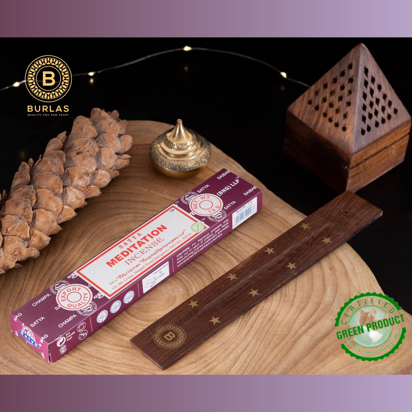 Satya Meditation Incense Sticks 3-Pack with Burlas Holder, 15g pack, Hand Rolled for Relaxation, Meditation, Yoga, Meomatherapy, Spa, Weddings, Healing and Positivity