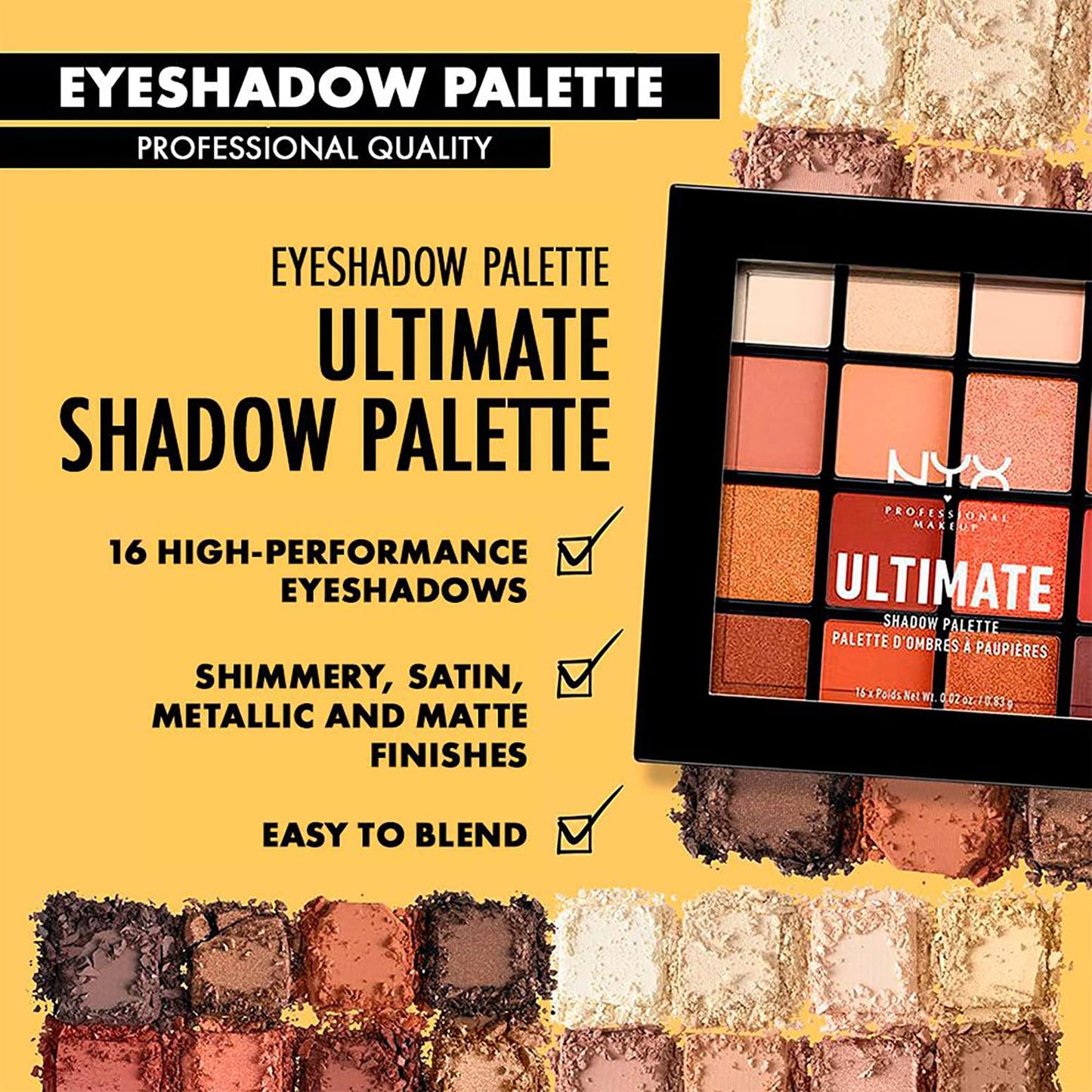NYX Professional Makeup Ultimate Shadow Palette, 16 Vibrant True-To-Pan Eyeshadow Shades, Metallics, Shimmers, Colours and Nudes in Pressed Pigments, Vegan Formula, Warm Neutrals, 0.8 g