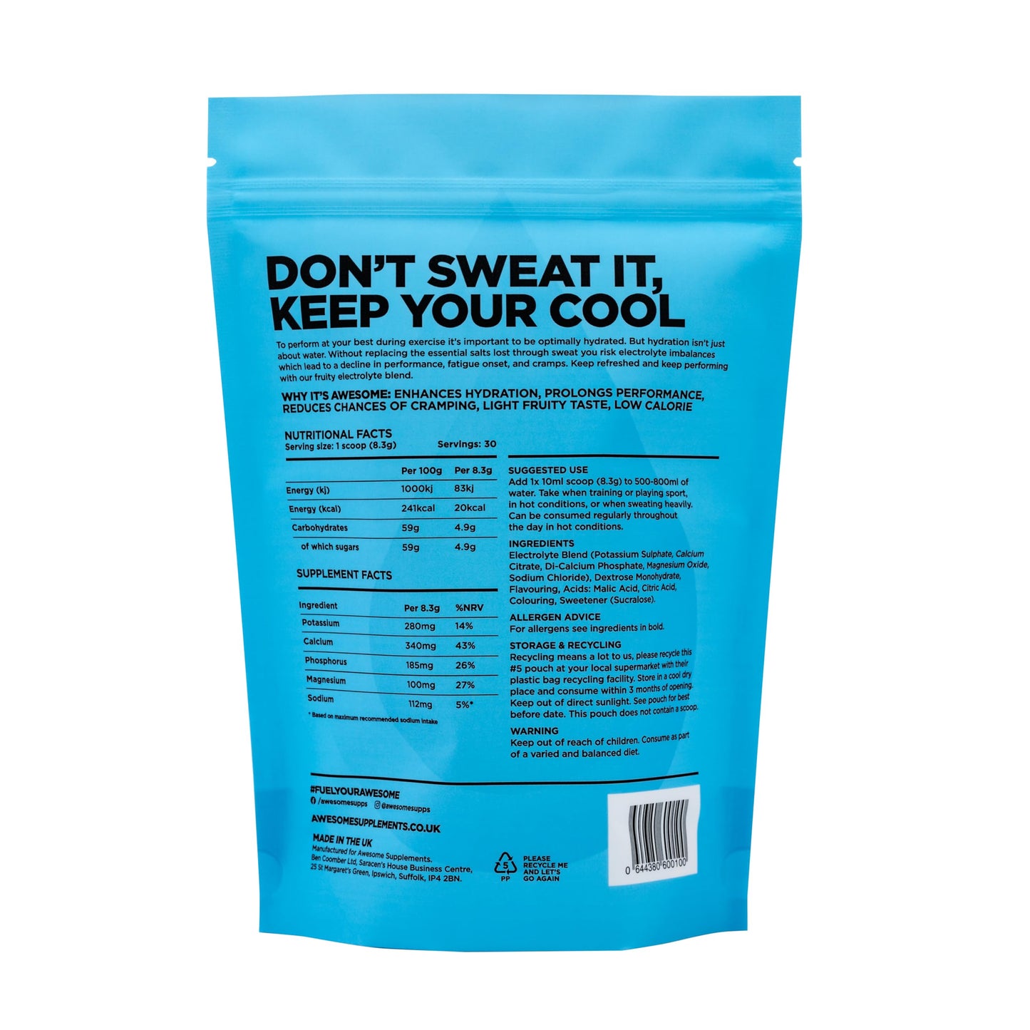 Awesome Supplements - Awesome Hydrate Watermelon - 250g Instant Electrolytes & Hydration - Low Calorie, Vegan & Gluten-Free