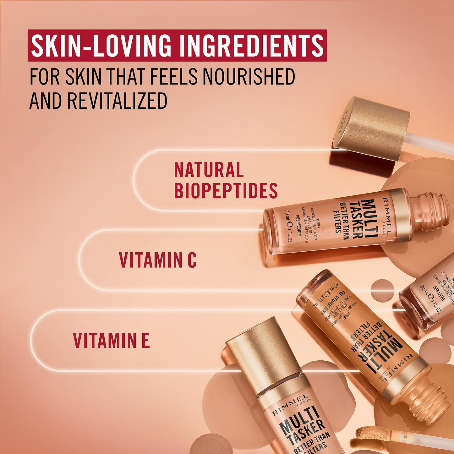 Rimmel Multi Tasker Better Than Filters, 3 in 1 skin primer, glow booster, and highlighter for a natural smooth glow, Infused with Vitamins C, Vegan & Cruelty-Free, 004 Light Medium