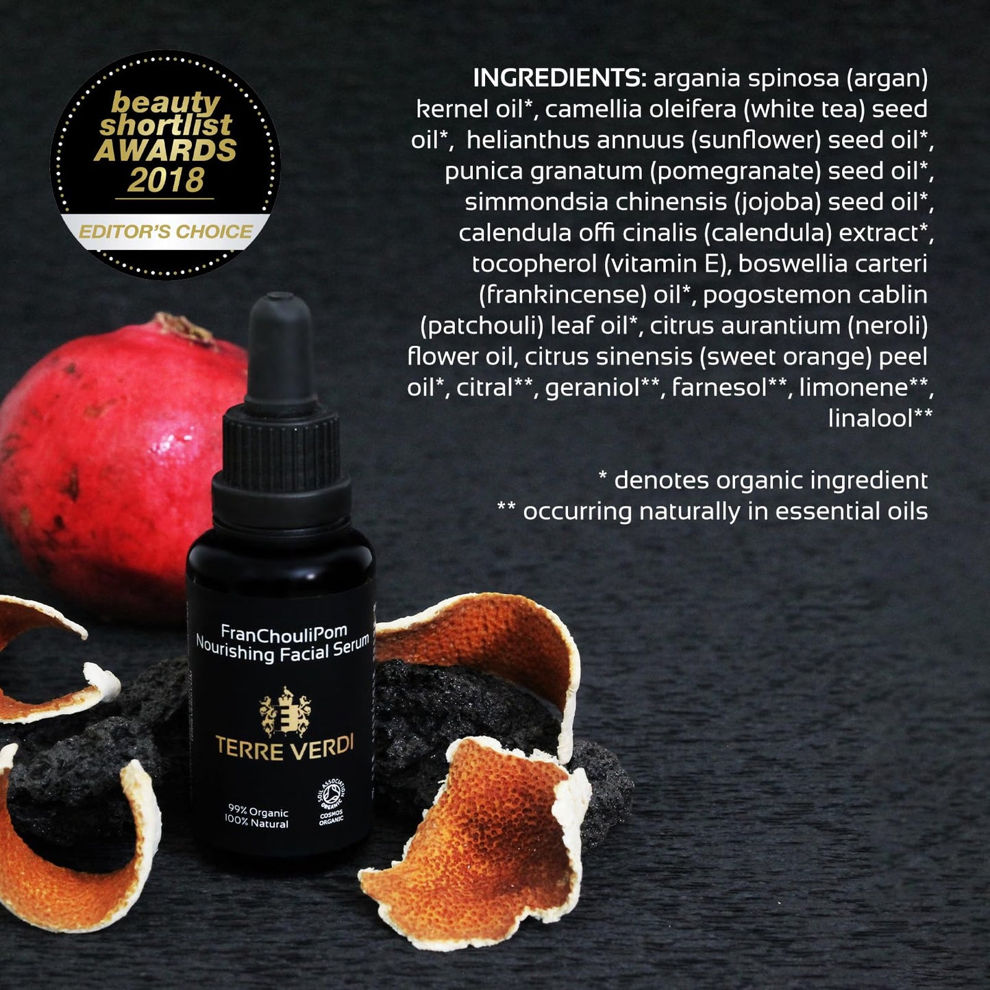 Terre Verdi Certified Organic Face Serum - FranChouliPom - Vegan Facial Serum - Anti Aging Face Serum & Face Oil with Argan Oil, Neroli, Frankincense, Patchouli, Pomegranate Oil - Cruelty Free - 30ml