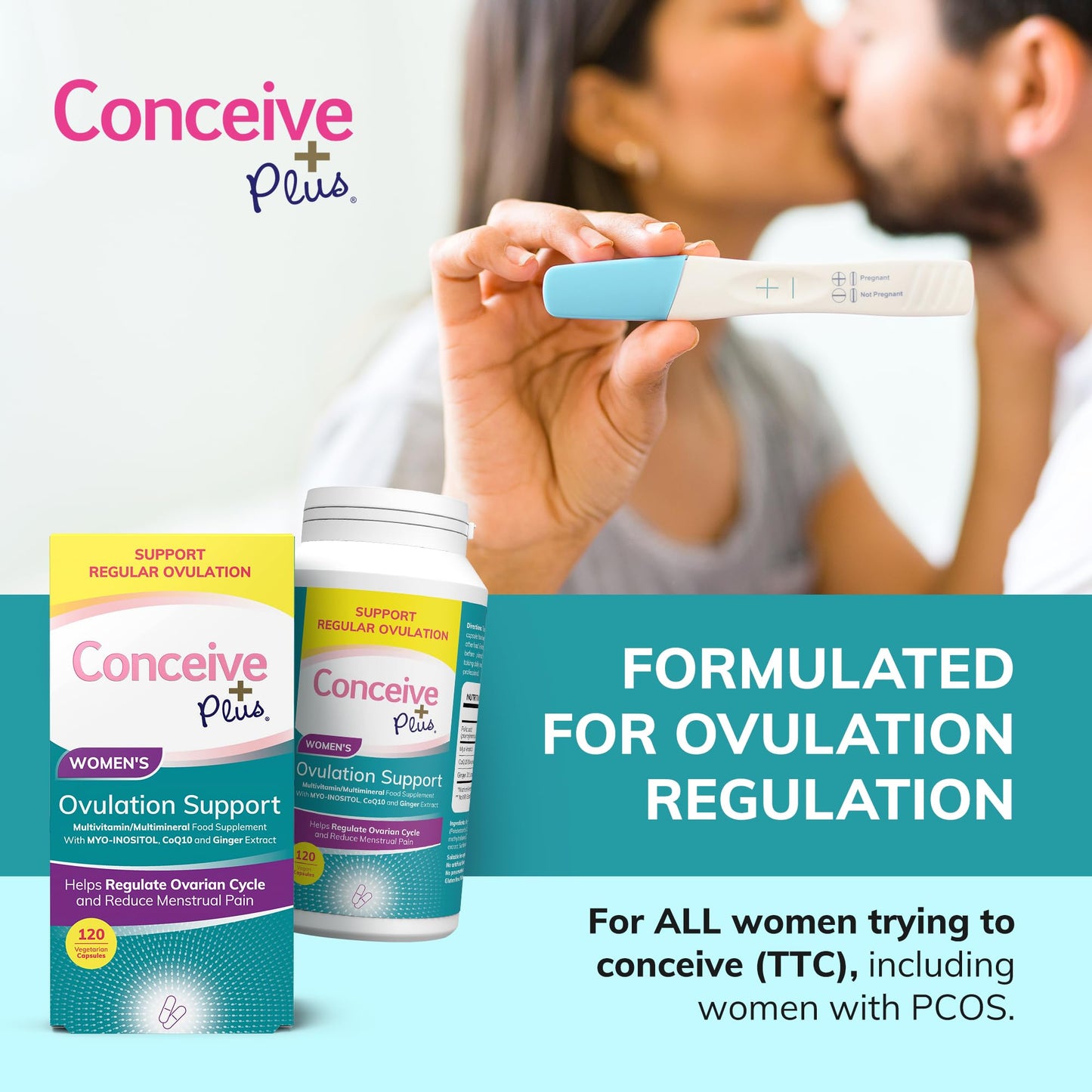 Conceive Plus Ovulation Support - PCOS Supplement for Fertility, Myo-Inositol & D-Chiro Inositol, Folate, Ginger and CoQ10 - Ovulation Supplement, Hormone Balance for Women - 120 Capsules