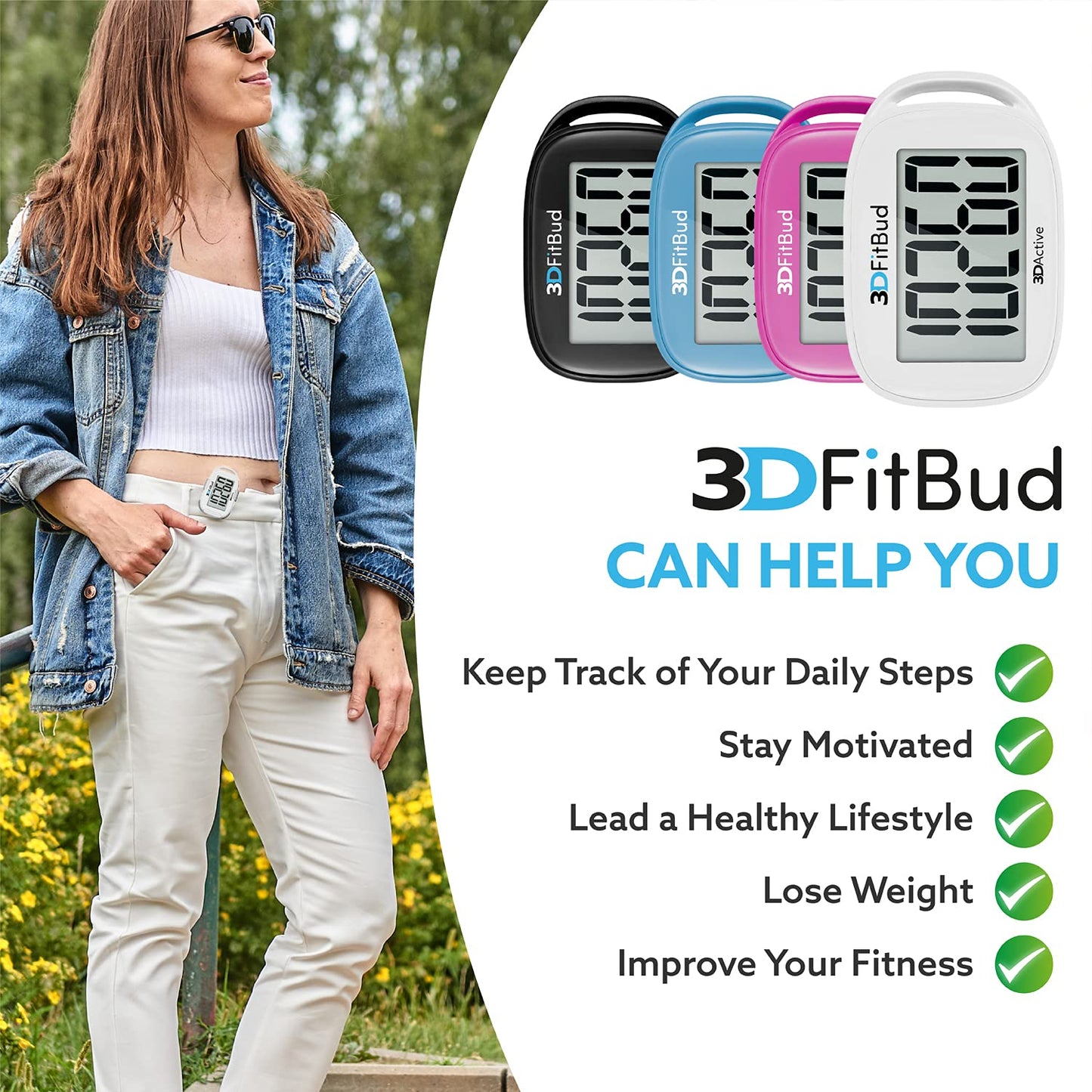 3DFitBud Simple Step Counter Walking 3D Pedometer with Clip & Lanyard - A420S - White