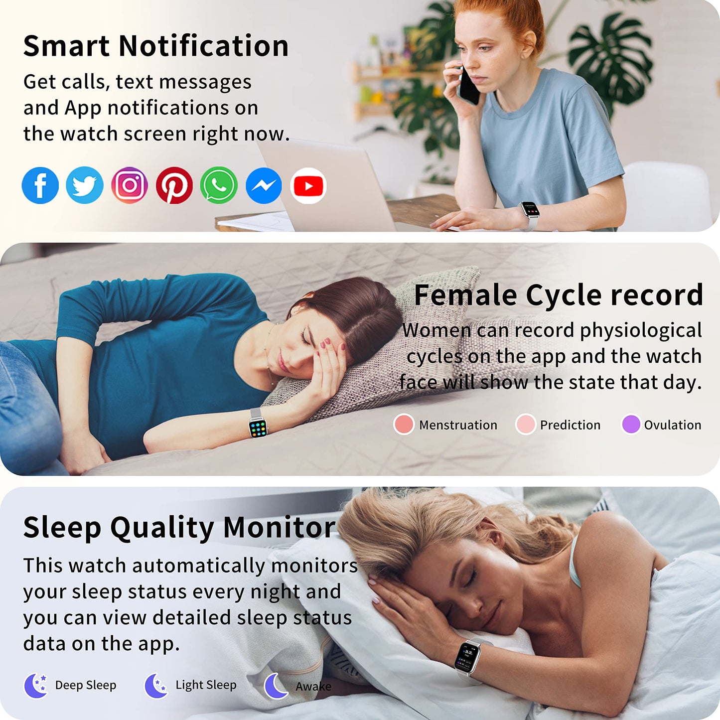 Popglory Smart Watch for Women Men Answer/Make Calls, 1.85" Smartwatch 44mm 2 Straps & Split Screen, 100+ Sports Fitness Watch with Blood Pressure/Oxygen/Heart Rate Monitor for iOS and Android