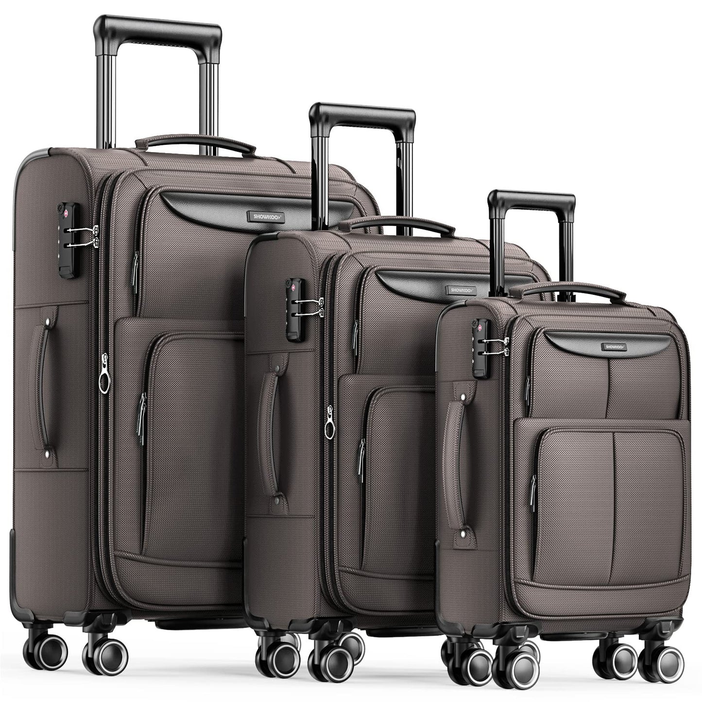 SHOWKOO Suitcase Sets 3 Piece Softshell Expandable Lightweight Durable Travel Luggage with Double Spinner Wheels TSA Lock, 20" 24" 28" Light Coffee