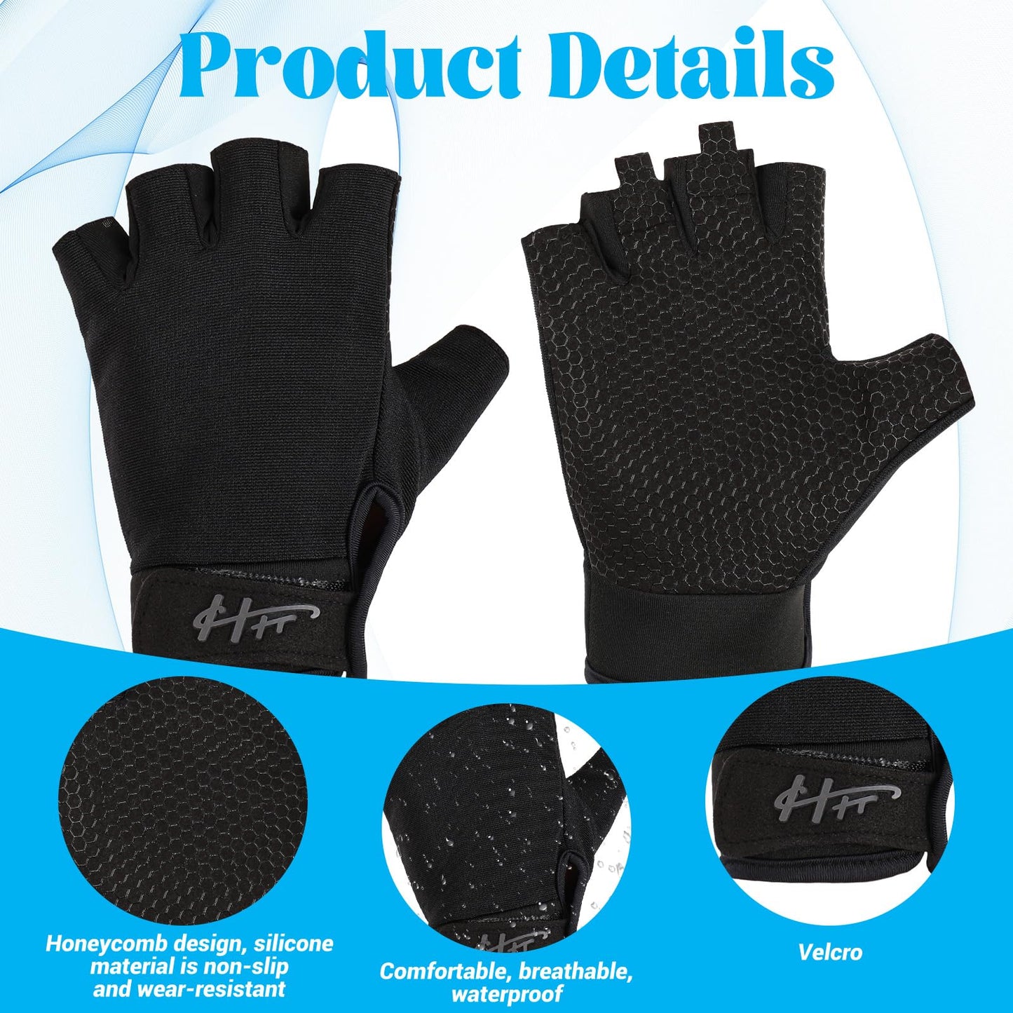 Fingerless Gloves Fishing Gloves Water Anti-Slip Sun Protection Gloves Performance Adjustable Gloves for Men Women Kayaking Paddling Climbing Biking Sailing Training Sport Fitness (Black, M)