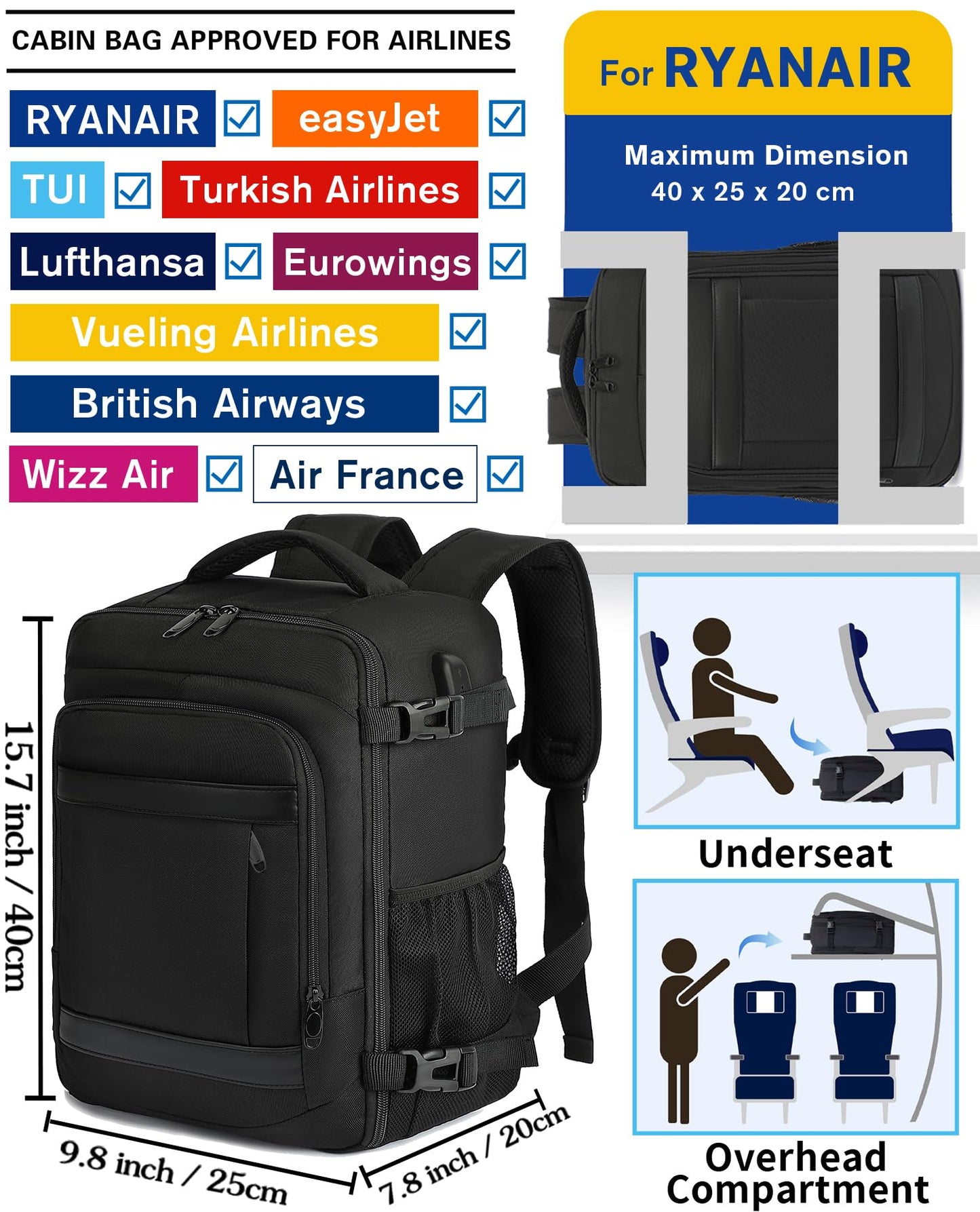 KLOSTAIN Cabin Bags 40x20x25 for Ryanair Underseat Travel Backpack Hand Luggage Carry-ons Bag Cabin Size 20L for Airplanes Flight Ruscksack Black