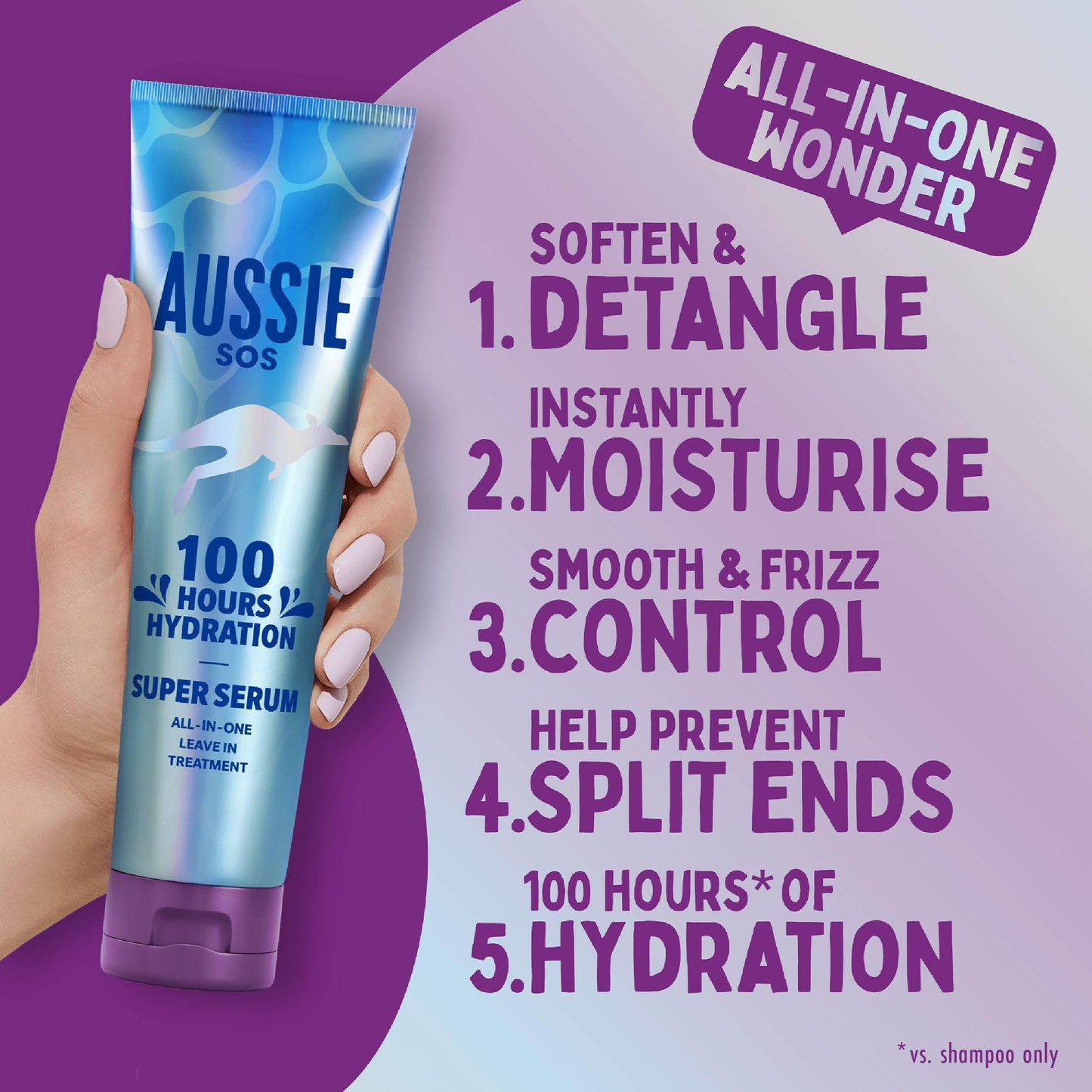 Aussie Super Serum Leave In Conditioner Hair Serum Treatment, For Dry, Damaged Hair. 100 Hours of Hydration, Smooth, Soften, Detangle, Prevent Split Ends and Boost Shine, 160ml