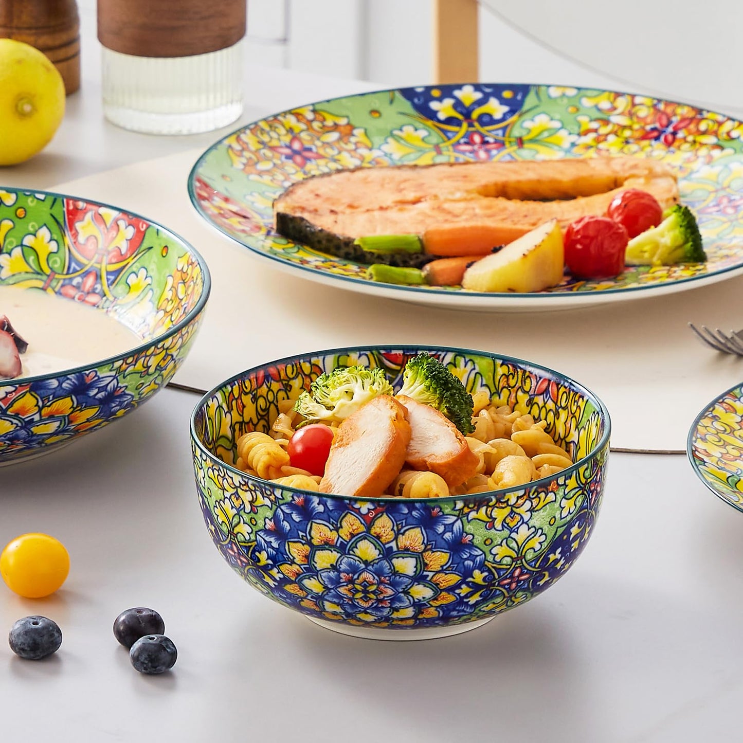 vancasso SIMI Dinner Set- 24 Pieces for 6 People, Porcelain Plates and Bowls Set, Bohemian Style Dinnerware Sets, Scratch Resistant Dinner Service Set, Dishwasher and Microwave Safe
