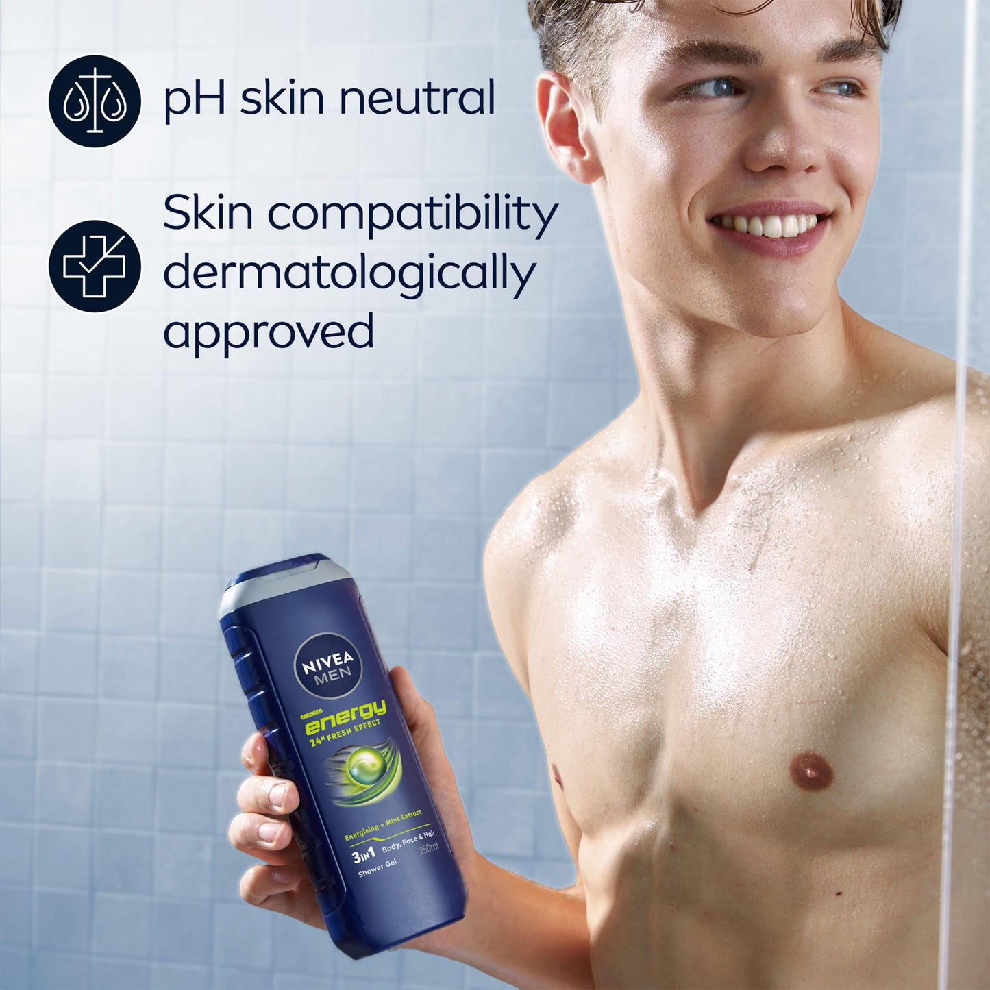 NIVEA MEN Energy Shower Gel Pack of 6 (6 x 250 ml), Moisturising 3-in-1 Body Wash for Men with Mint Extract, Energising NIVEA MEN Shower Gel