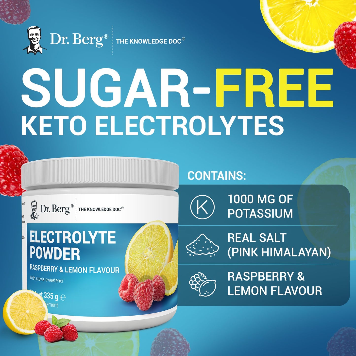 Dr. Berg Zero Sugar Hydration Keto Electrolyte Powder - Enhanced w/ 1000 mg of Potassium & Real Pink Himalayan Salt (NOT Table Salt) - Raspberry & Lemon Flavor Hydration Drink Supplement - 50 Servings