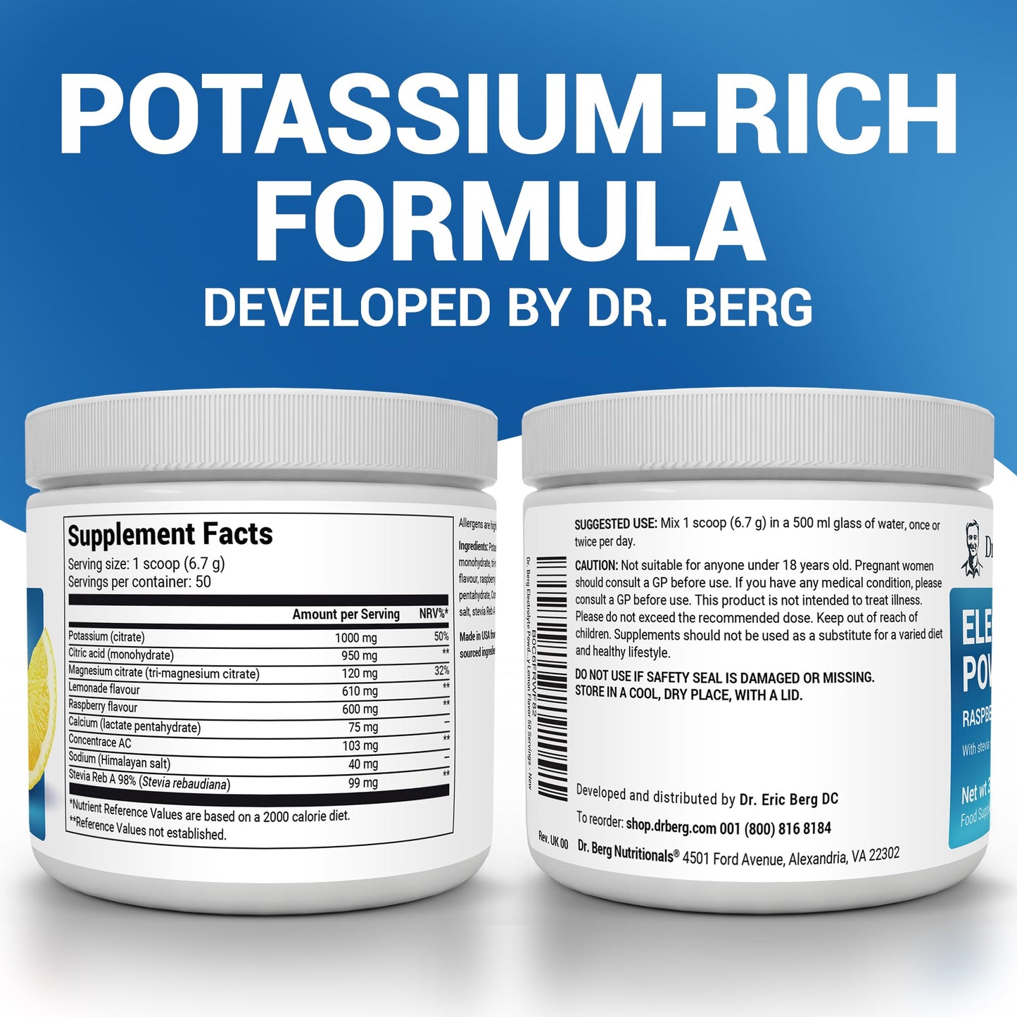 Dr. Berg Zero Sugar Hydration Keto Electrolyte Powder - Enhanced w/ 1000 mg of Potassium & Real Pink Himalayan Salt (NOT Table Salt) - Raspberry & Lemon Flavor Hydration Drink Supplement - 50 Servings